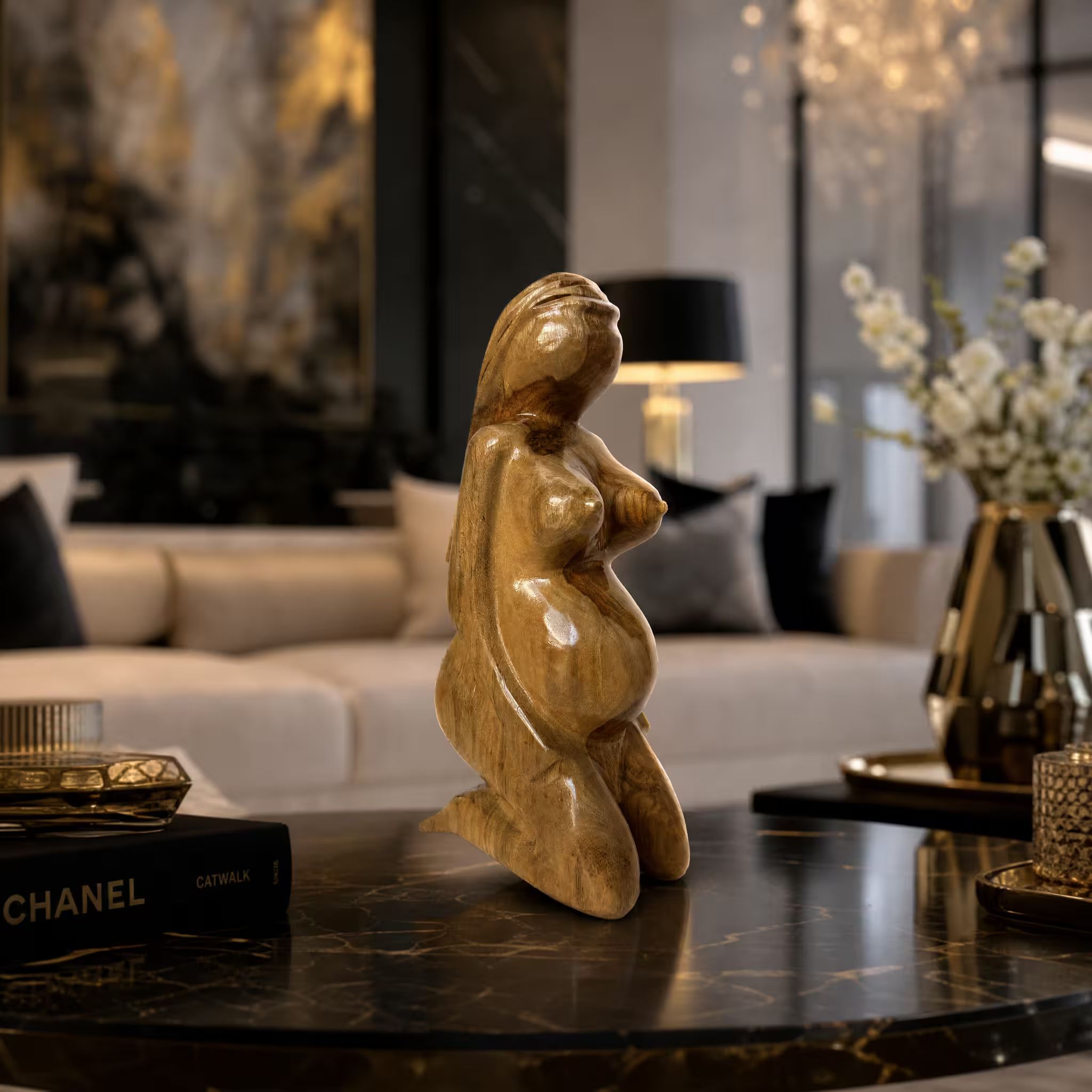 Pregnant indigenous woman, hand-carved reclaimed wood, handmade Costa Rica souvenir (styled in a room)