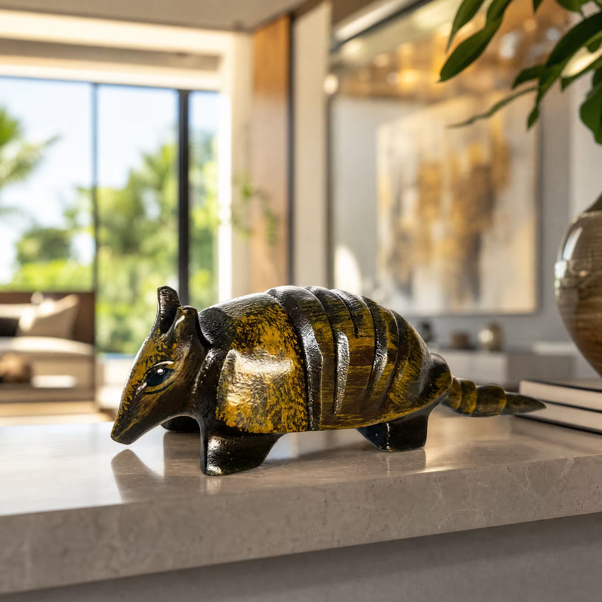 Armadillo, hand-painted reclaimed wood, handmade Costa Rica souvenir (styled in a room)