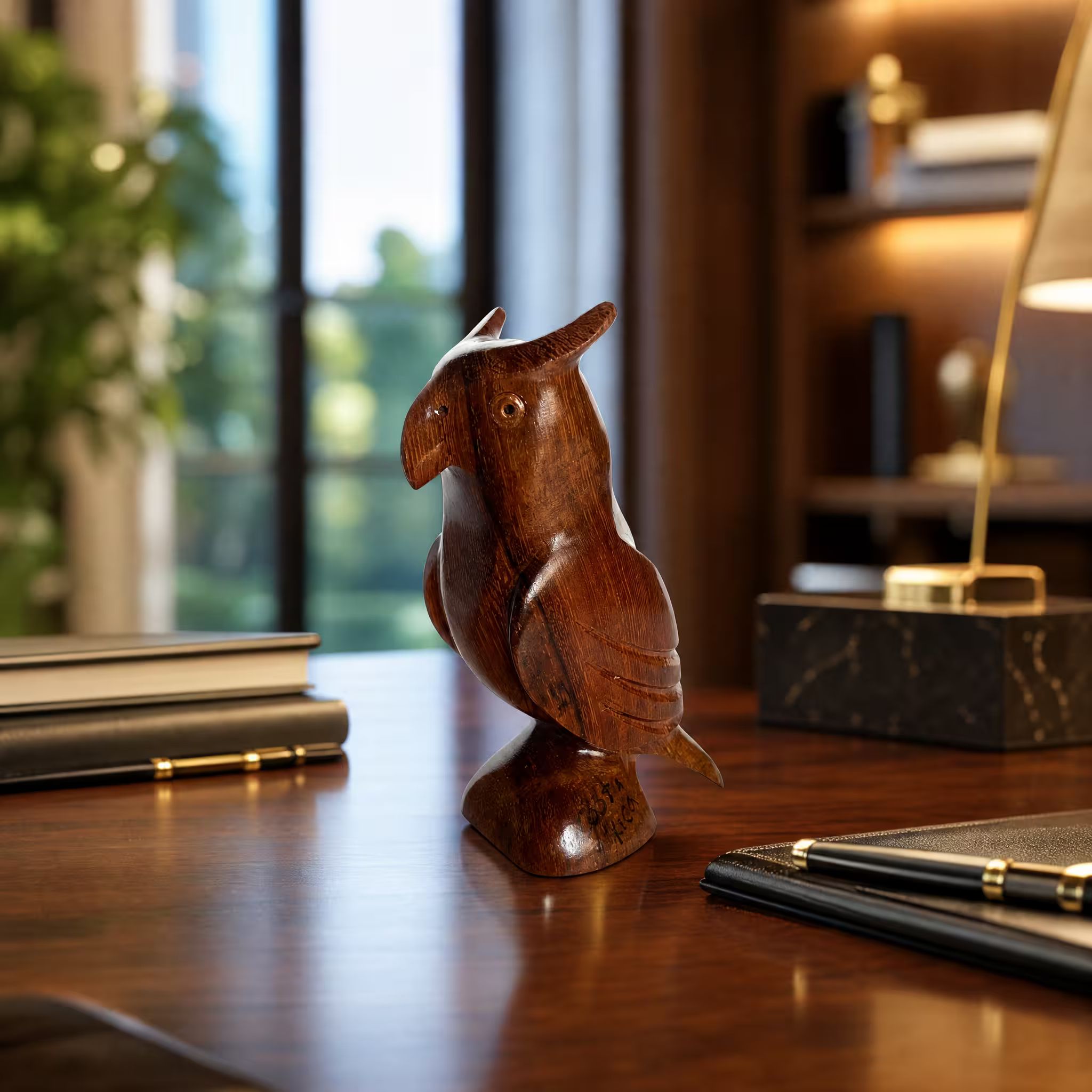 Owl, hand-carved reclaimed wood, handmade Costa Rica souvenir (styled in a room)