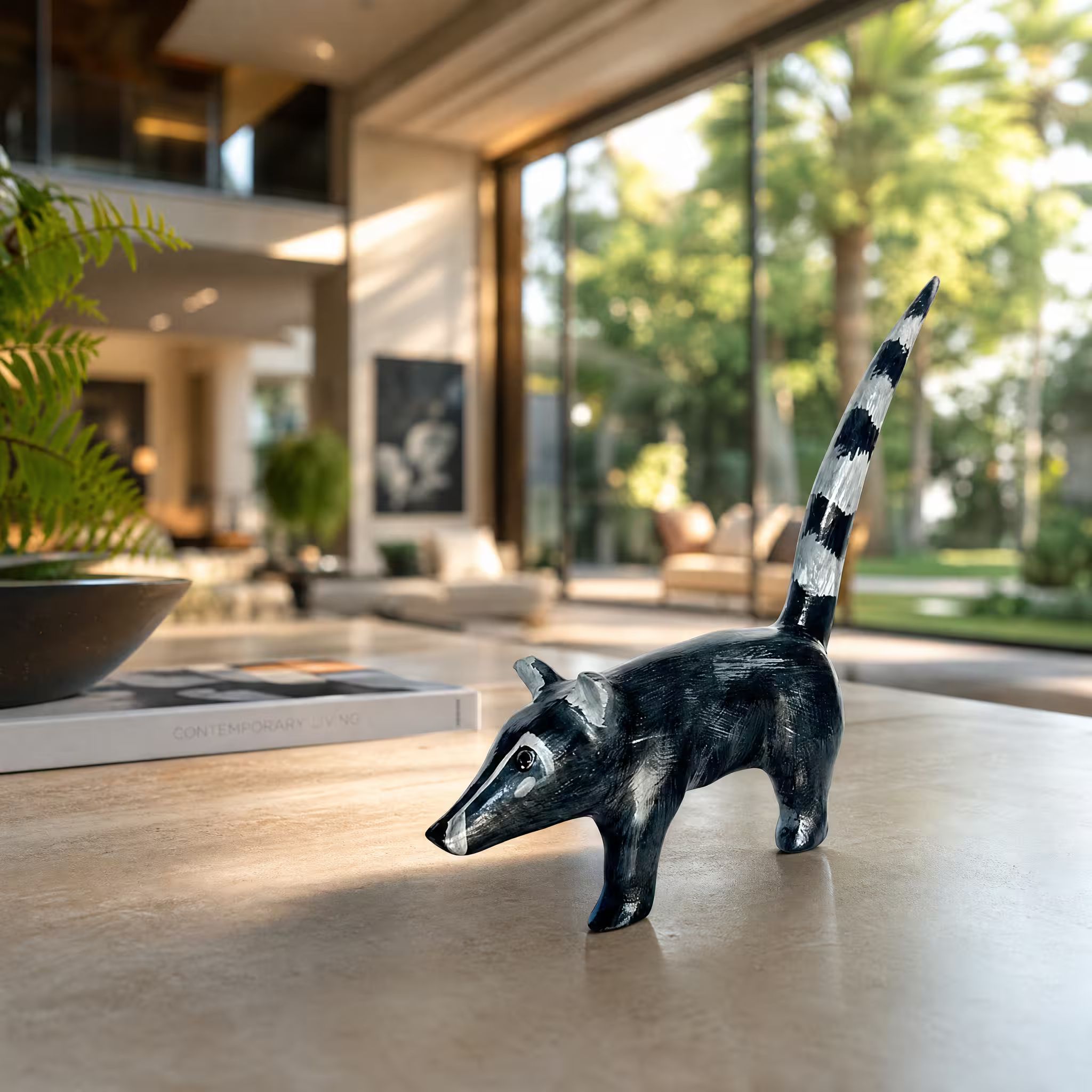 Coatí de nariz blanca, pintada a mano en madera recuperada, souvenir artesanal de Costa Rica (pieza en ambiente)