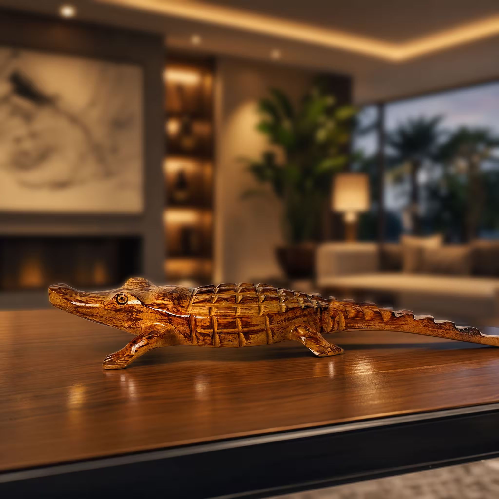 Cocodrilo del Tárcoles, tallada a mano en madera recuperada, souvenir artesanal de Costa Rica (pieza en ambiente)