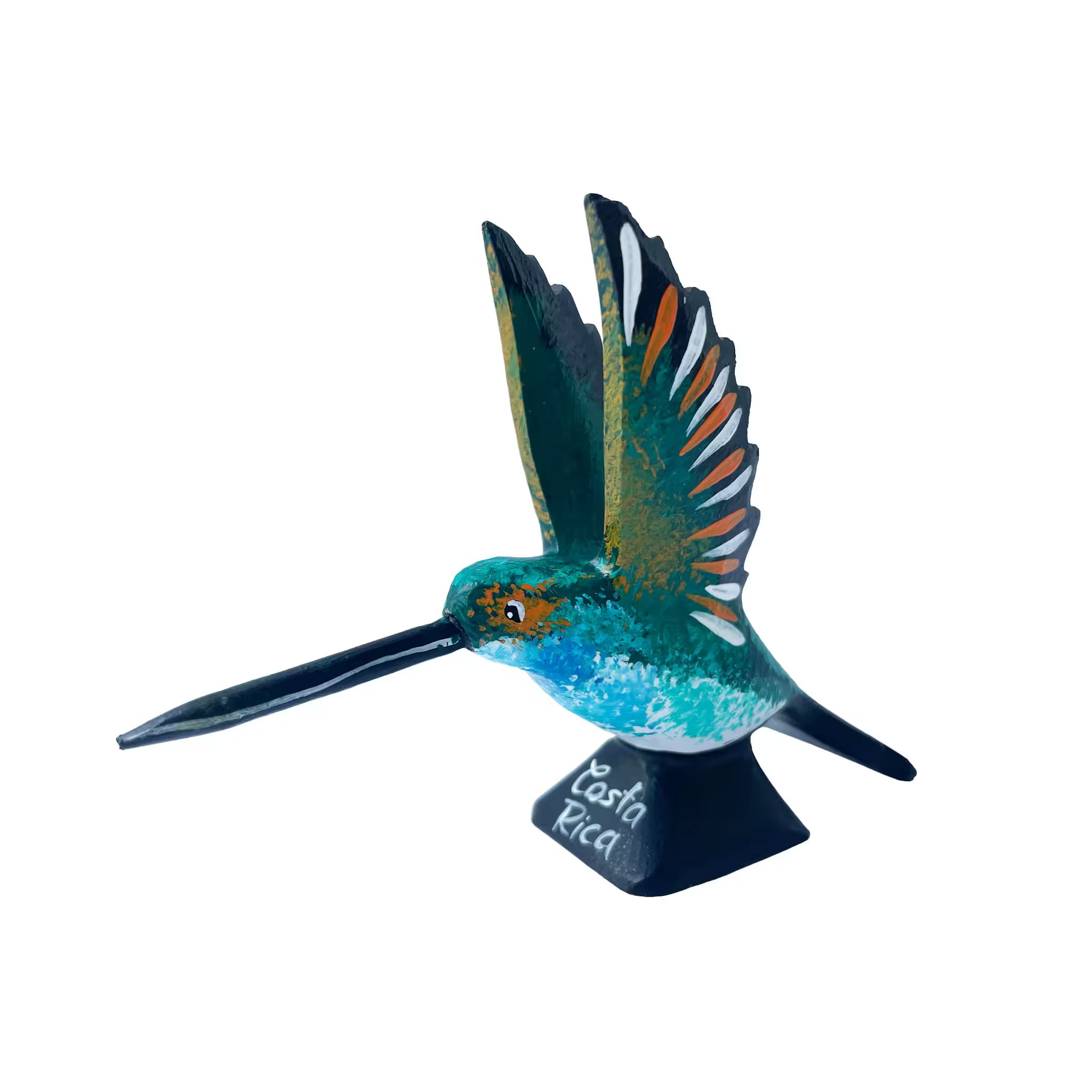 Multicoloured hummingbird, hand-painted reclaimed wood, handmade Costa Rica souvenir (detail 1)
