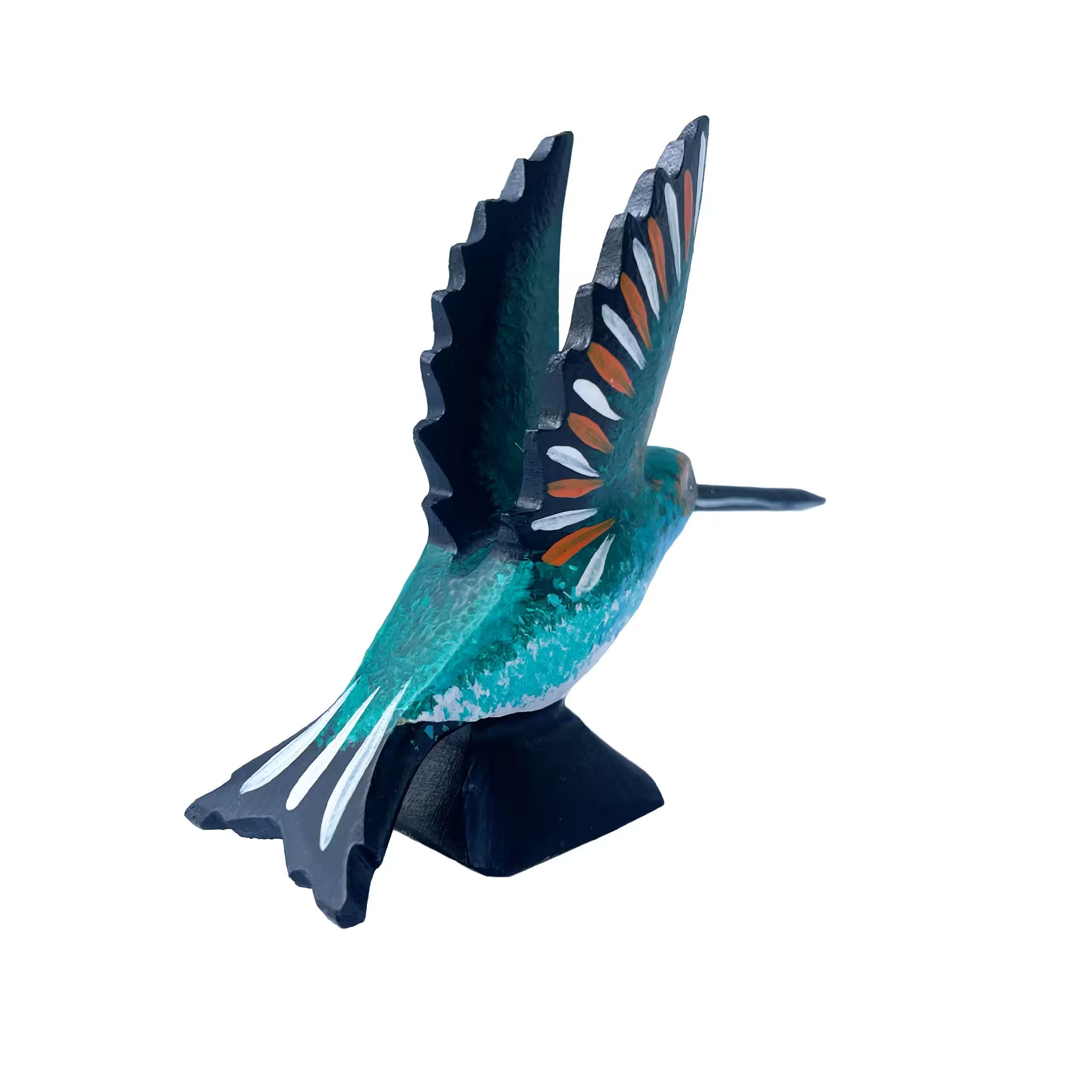 Multicoloured hummingbird, hand-painted reclaimed wood, handmade Costa Rica souvenir (detail 2)