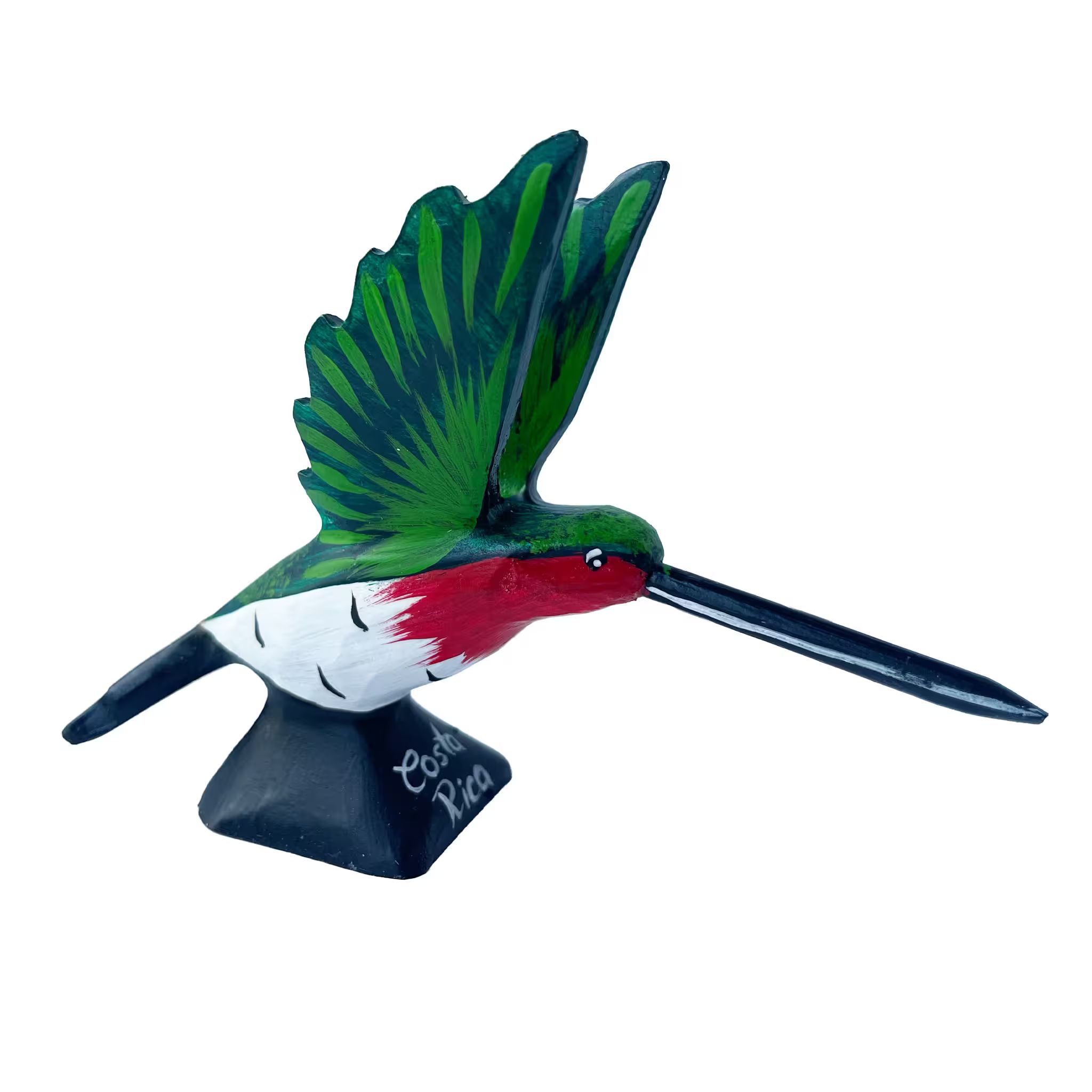 Colibrí verde y rojo, pintada a mano en madera recuperada, souvenir artesanal de Costa Rica (detalle 1)