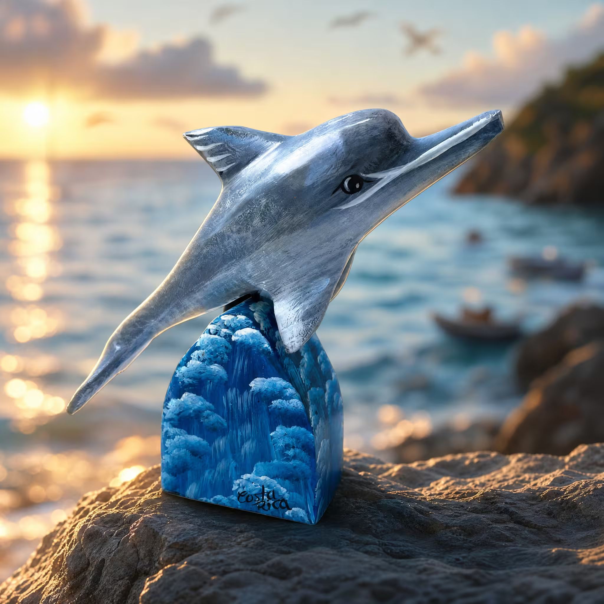 Bottlenose dolphin, hand-painted reclaimed wood, handmade Costa Rica souvenir (styled in a room)