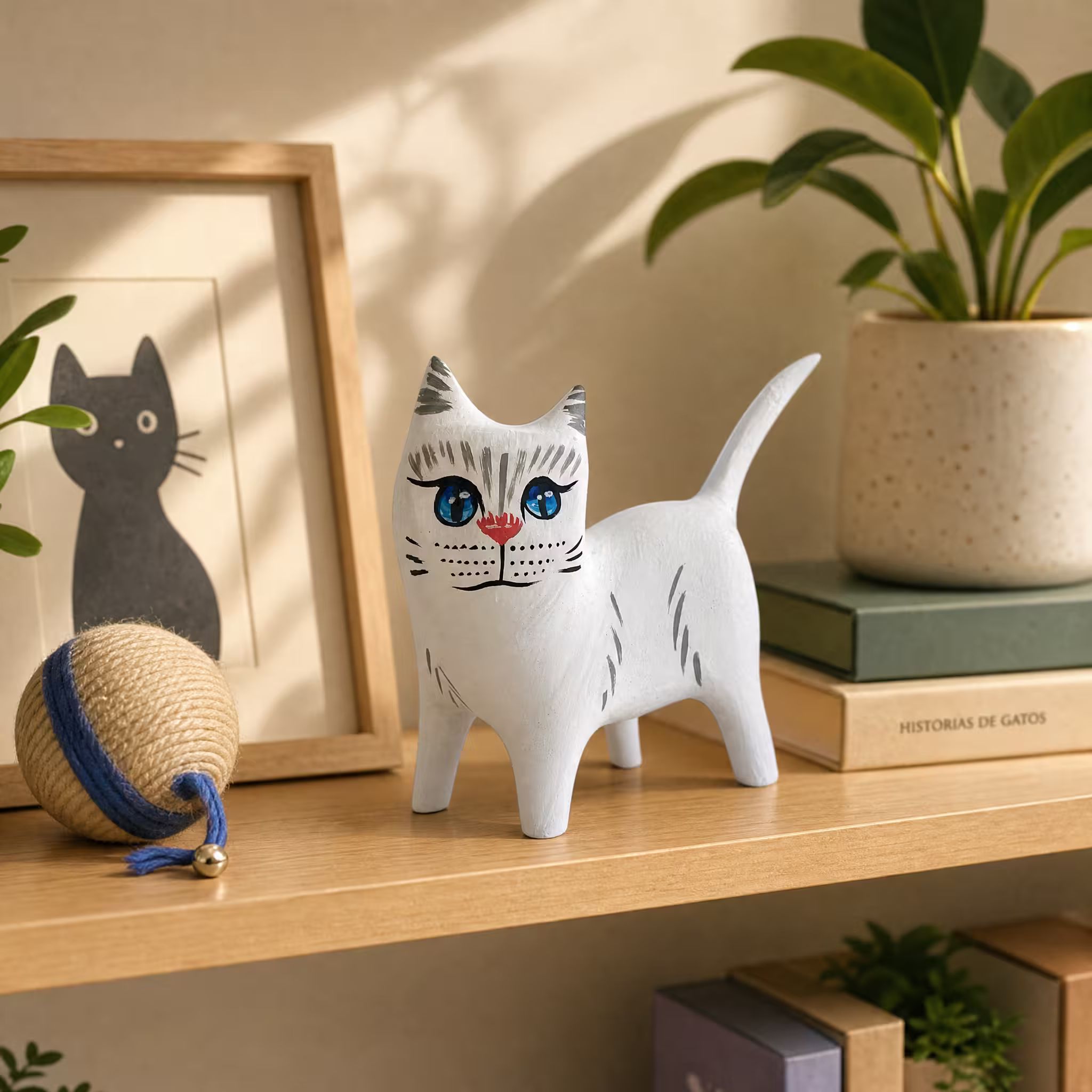 Gato blanco de ojos azules, pintada a mano en madera recuperada, souvenir artesanal de Costa Rica (pieza en ambiente)