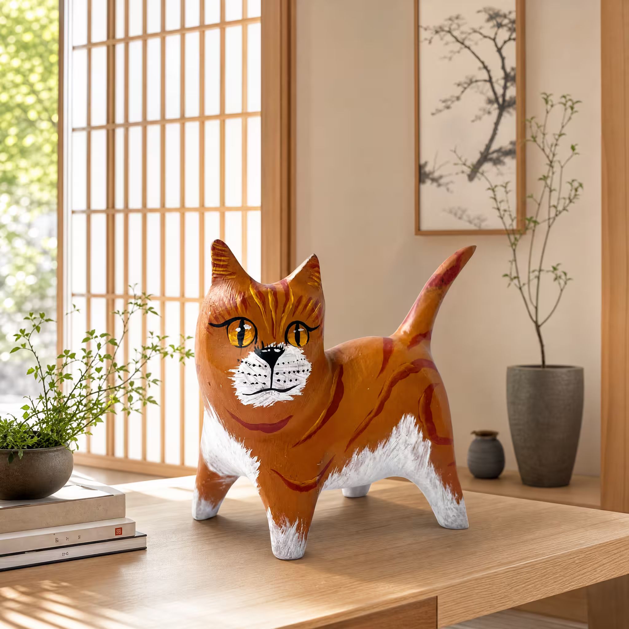 Brown cat, hand-painted reclaimed wood, handmade Costa Rica souvenir (styled in a room)