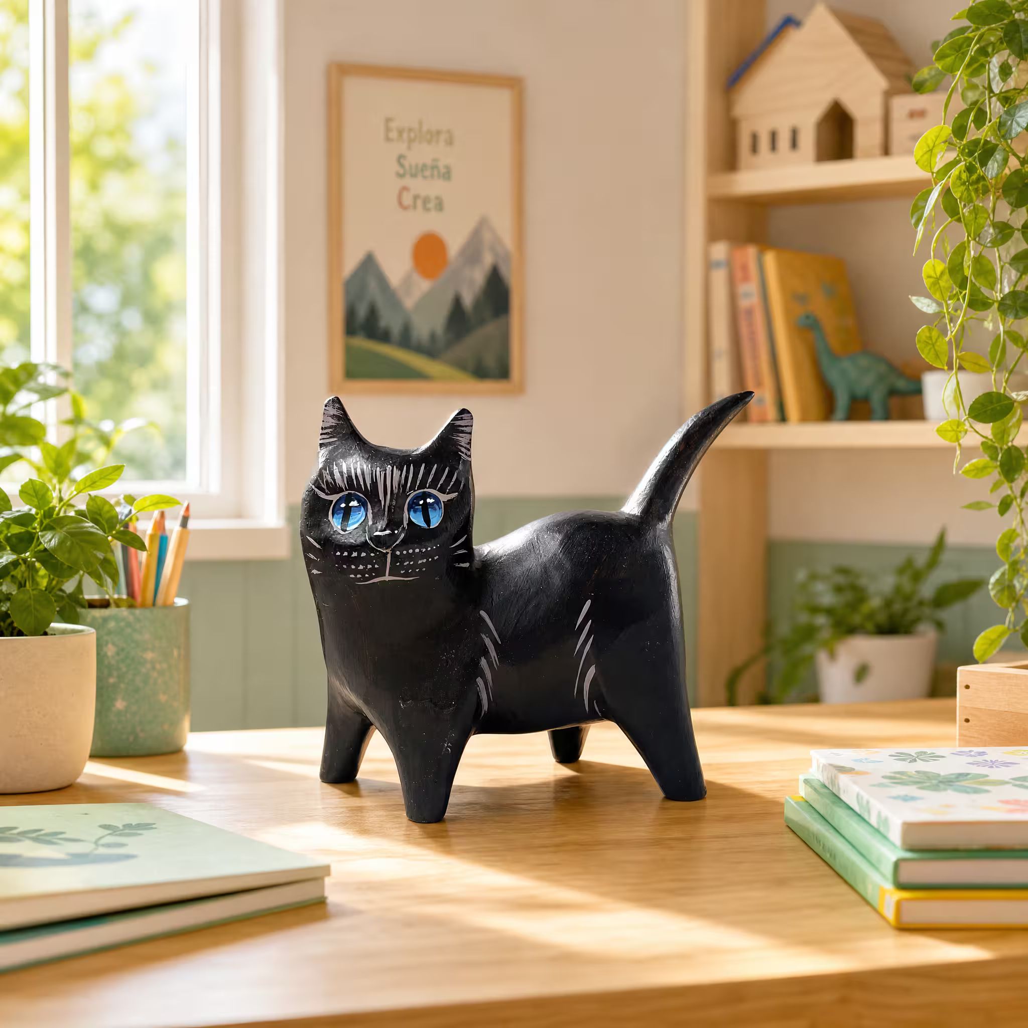 Gato negro de ojos azules, pintada a mano en madera recuperada, souvenir artesanal de Costa Rica (pieza en ambiente)