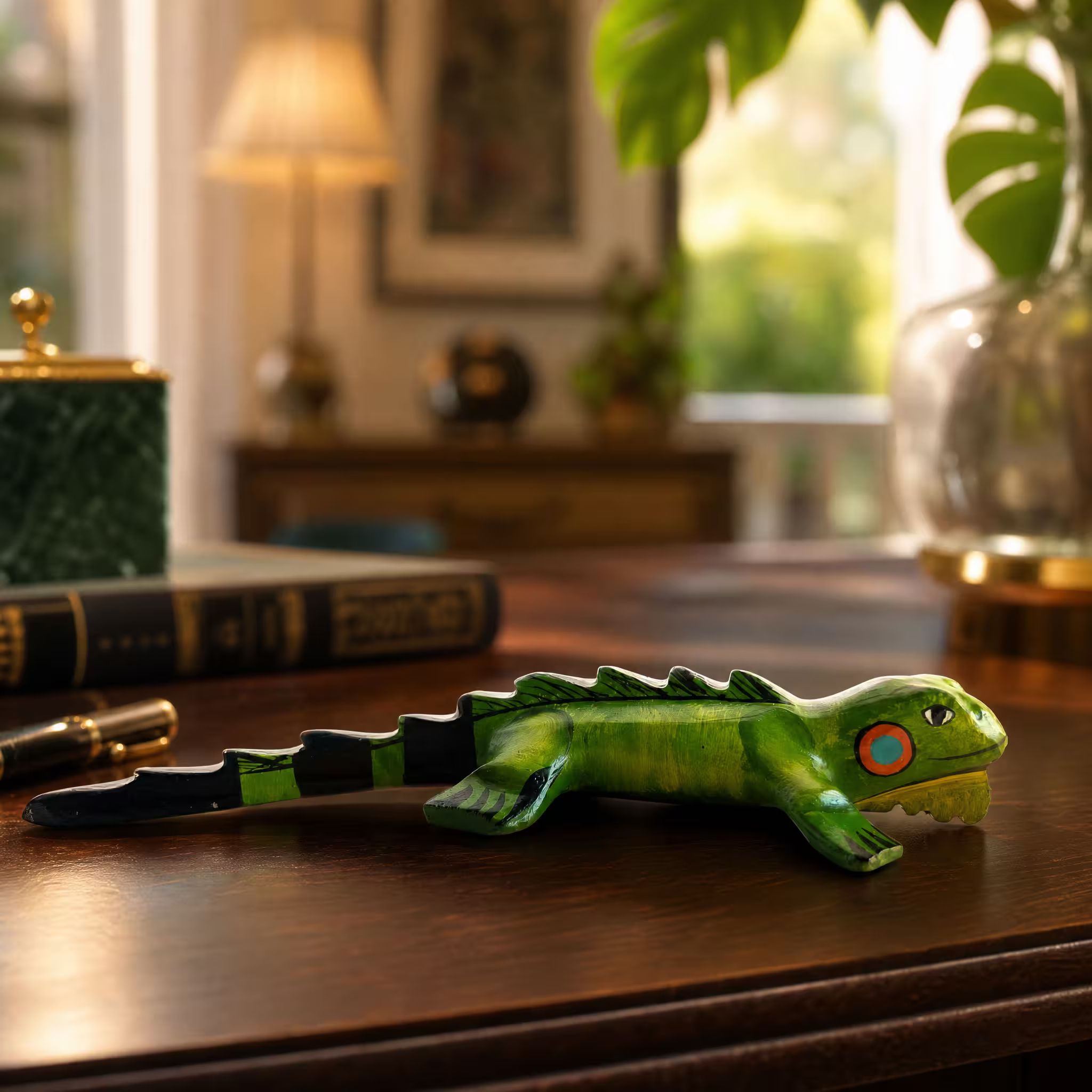 Green iguana, hand-painted reclaimed wood, handmade Costa Rica souvenir (styled in a room)