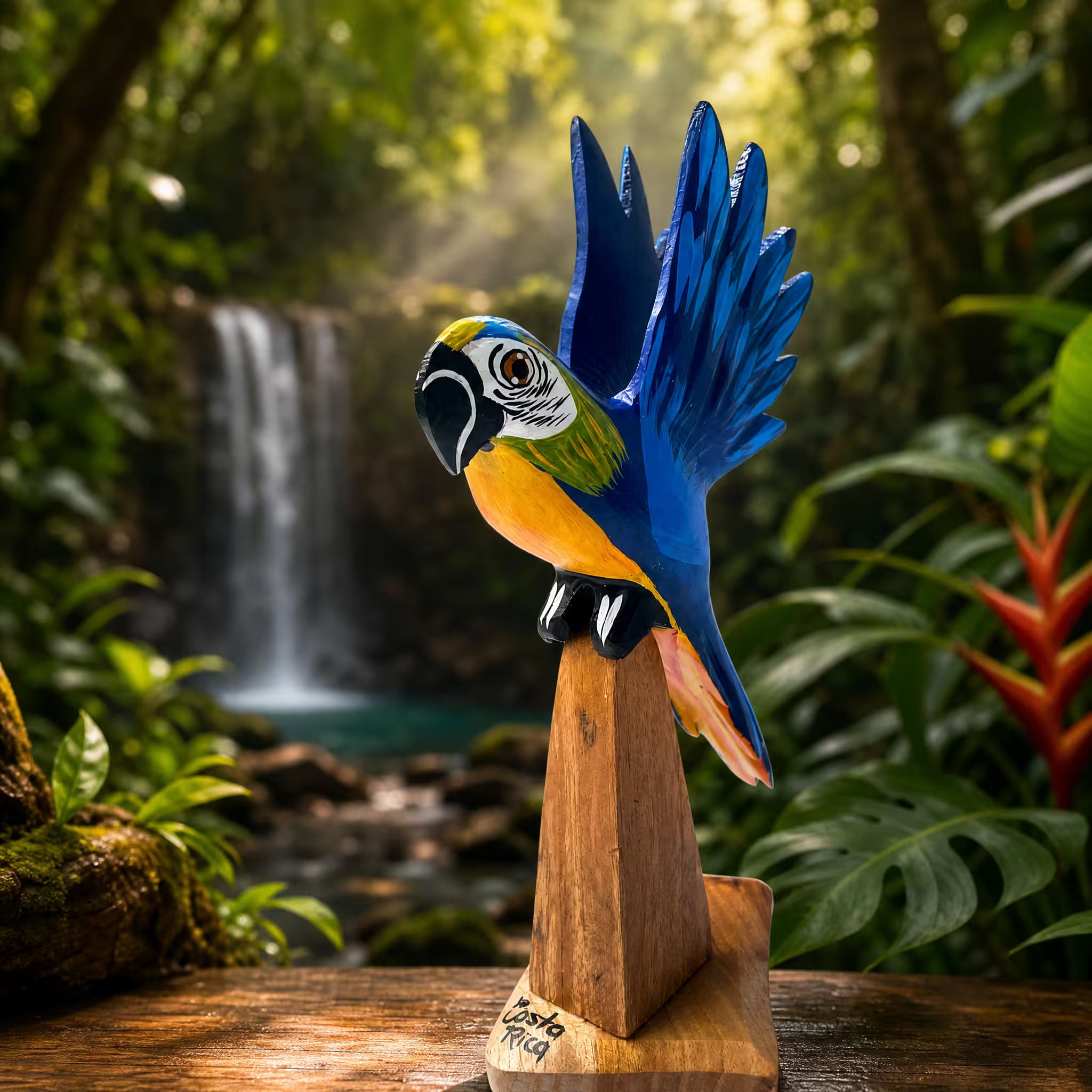 Blue macaw, hand-painted reclaimed wood, handmade Costa Rica souvenir (styled in a room)