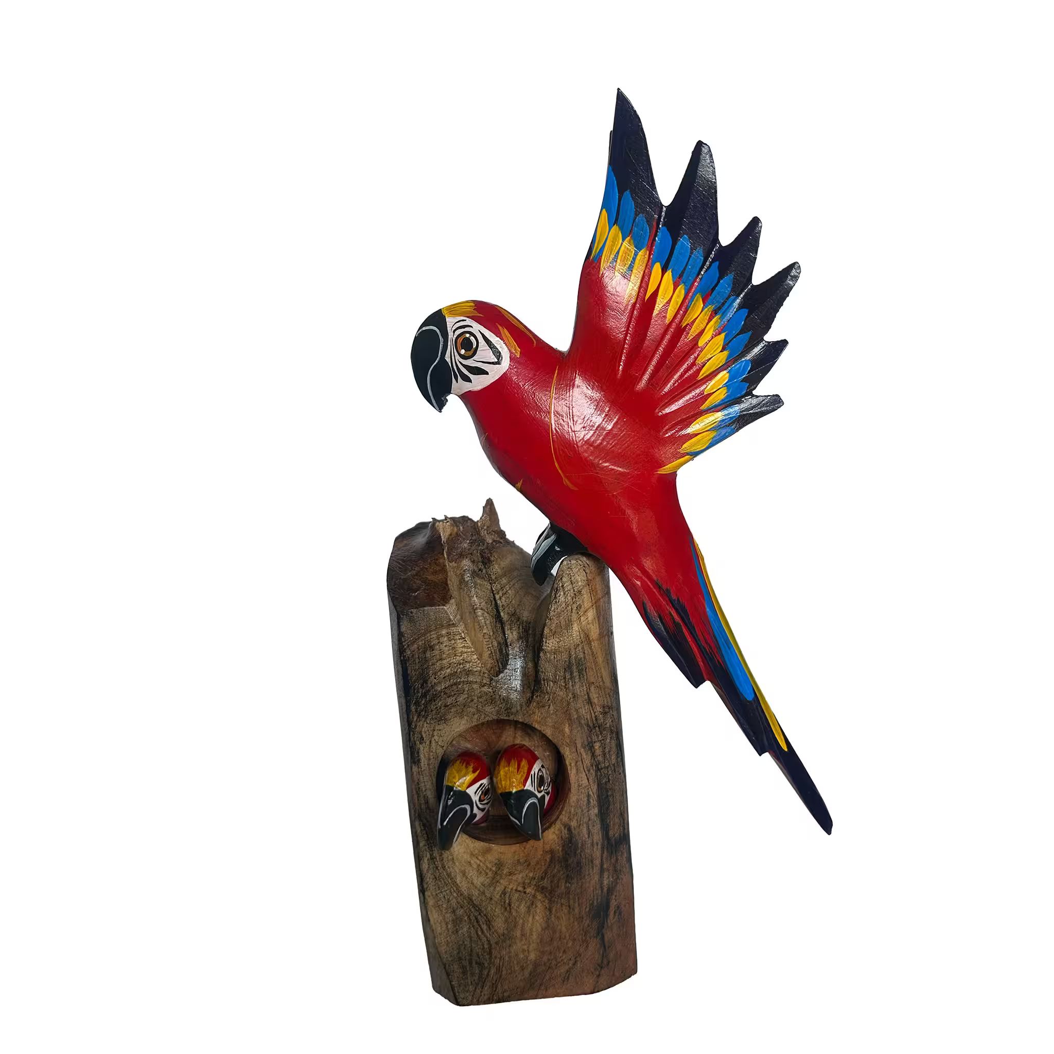 Lapa roja en nido, pintada a mano en madera recuperada, souvenir artesanal de Costa Rica (detalle 1)