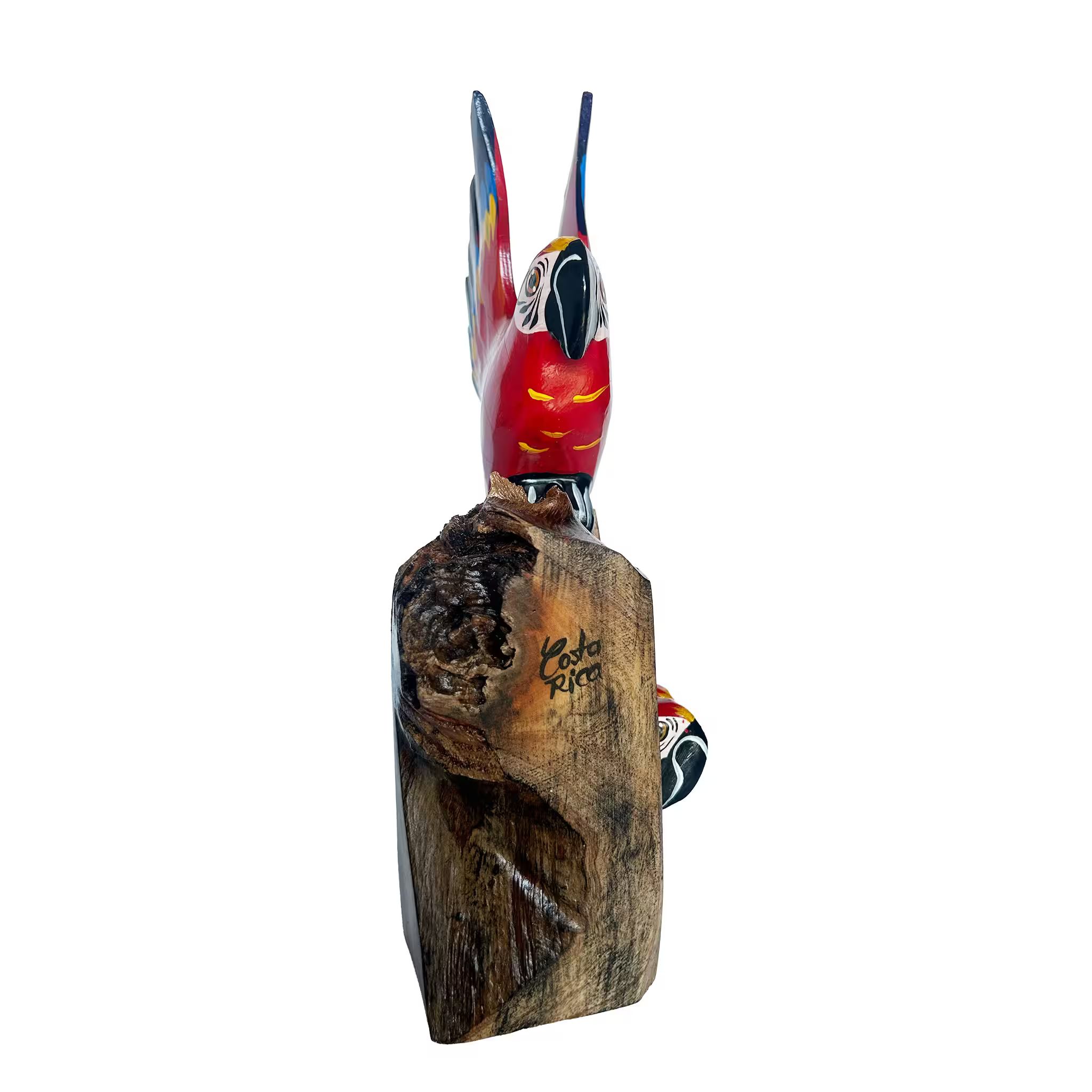Lapa roja en nido, pintada a mano en madera recuperada, souvenir artesanal de Costa Rica (detalle 2)