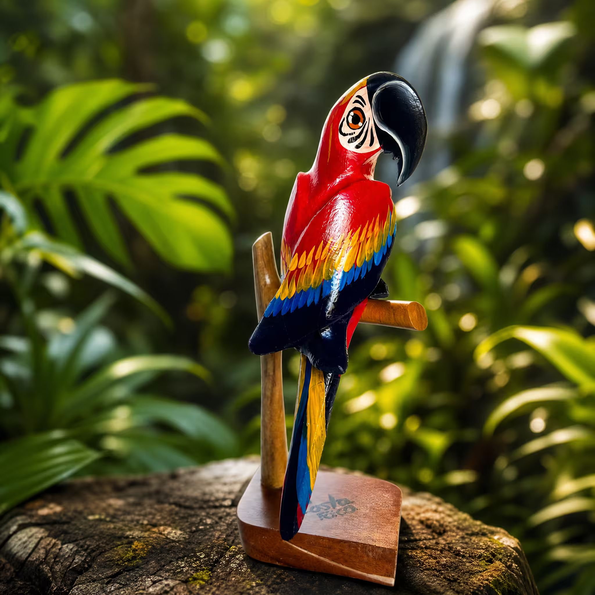 Lapa roja en pedestal, pintada a mano en madera recuperada, souvenir artesanal de Costa Rica (pieza en ambiente)
