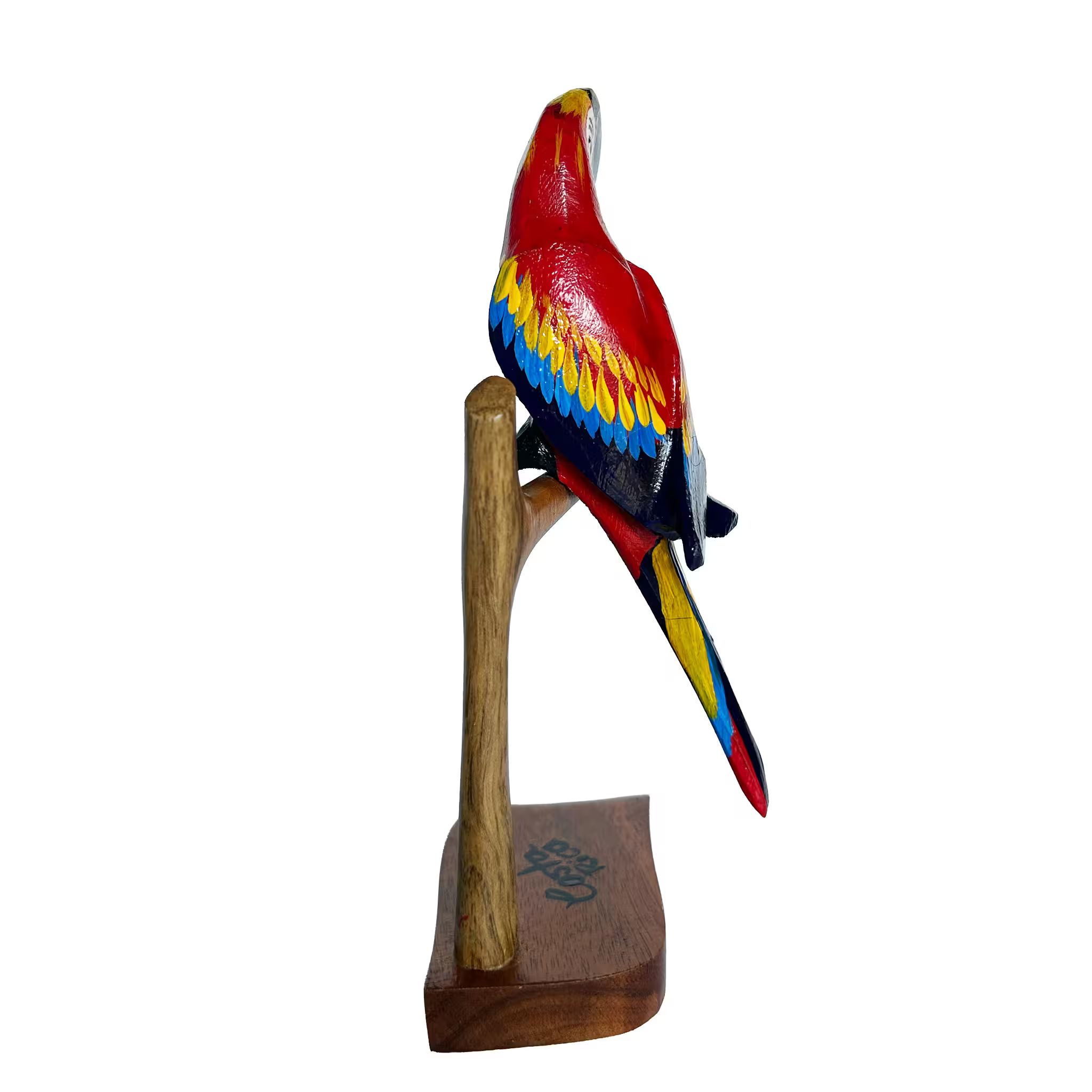 Lapa roja en pedestal, pintada a mano en madera recuperada, souvenir artesanal de Costa Rica (detalle 1)