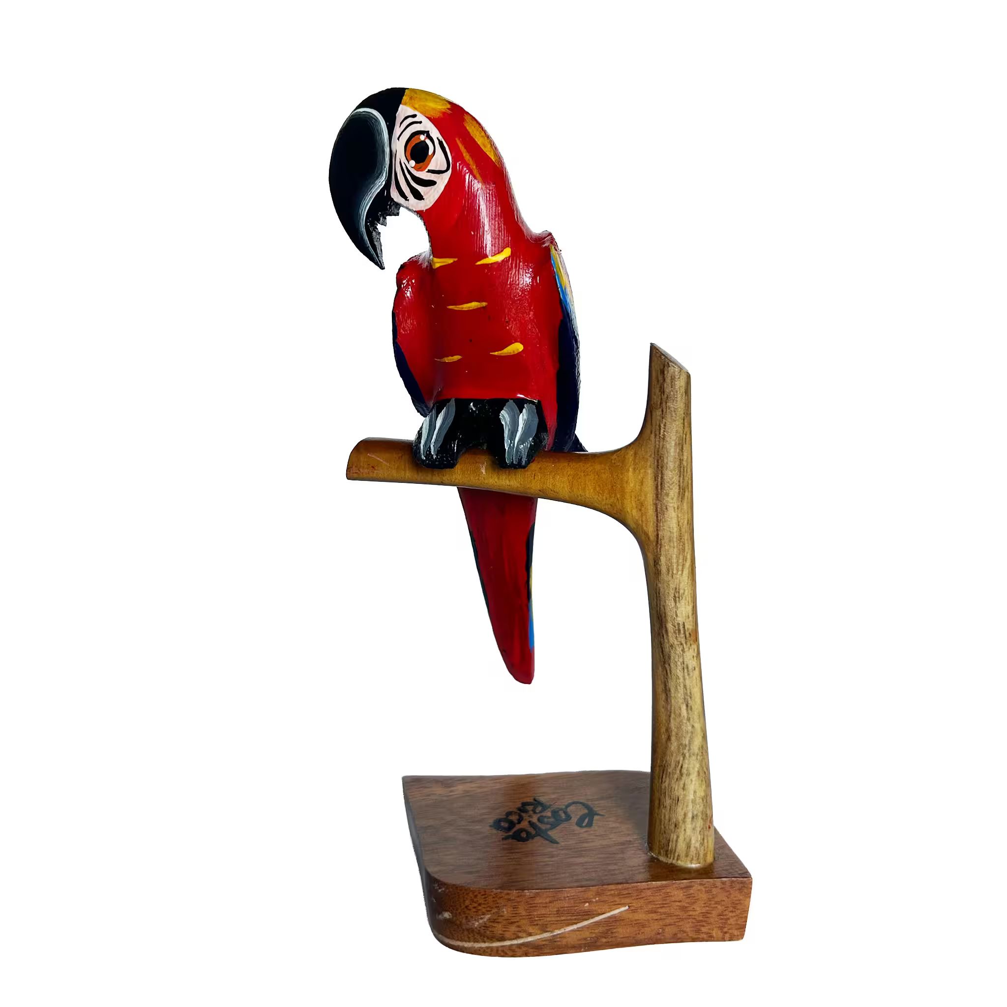 Lapa roja en pedestal, pintada a mano en madera recuperada, souvenir artesanal de Costa Rica (detalle 2)