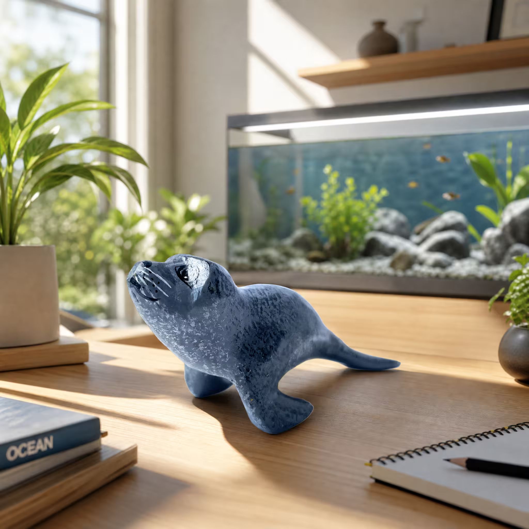 Sea lion, hand-painted reclaimed wood, handmade Costa Rica souvenir (styled in a room)