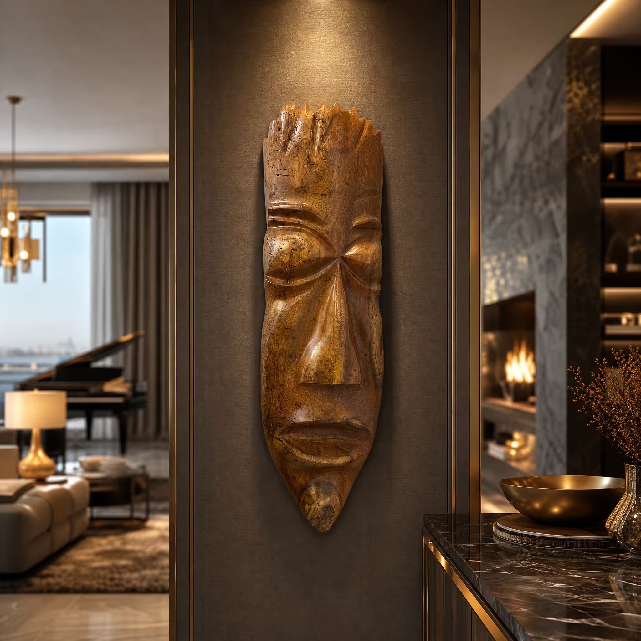 Indigenous mask, hand-carved reclaimed wood, handmade Costa Rica souvenir (styled in a room)