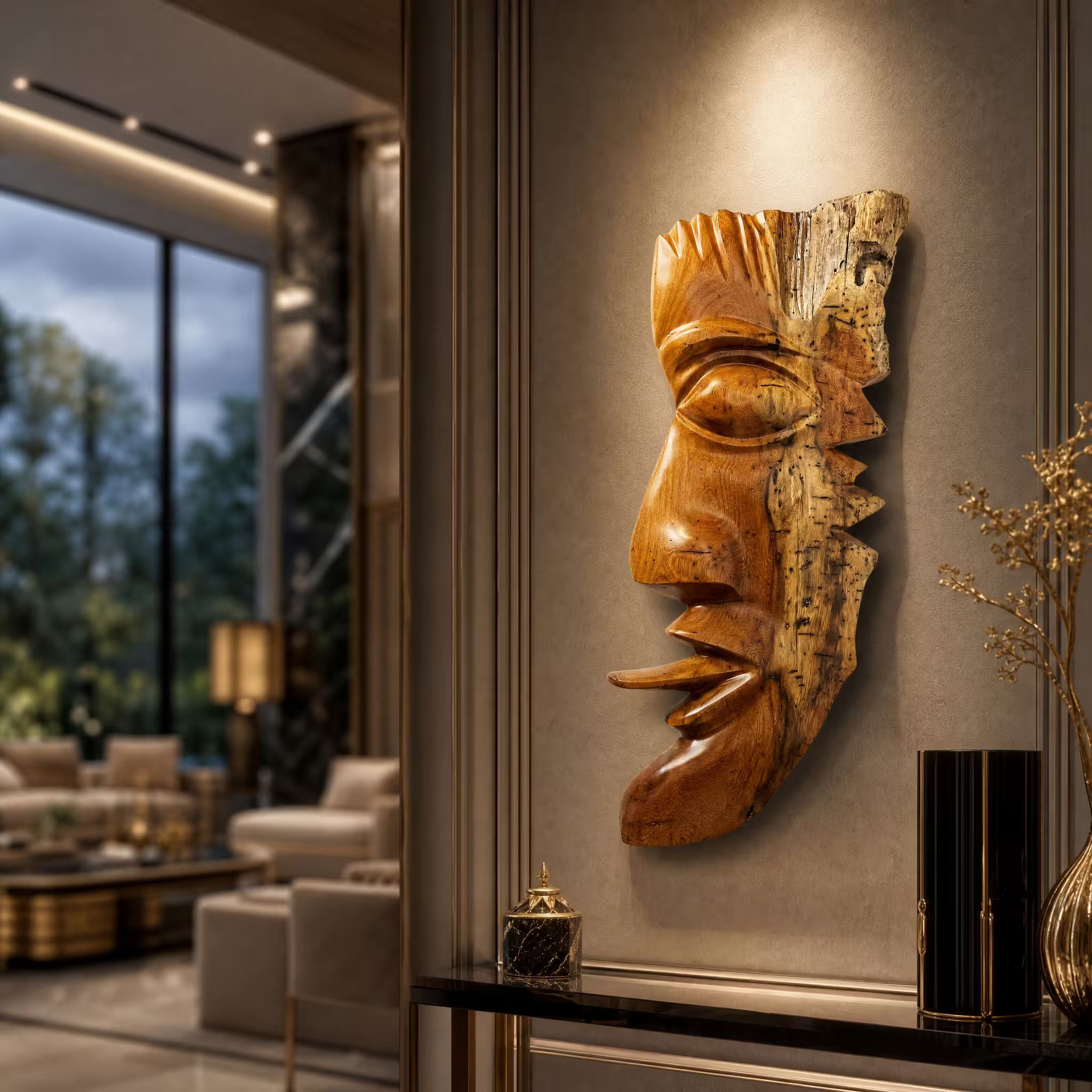 Cacique mask, hand-carved reclaimed wood, handmade Costa Rica souvenir (styled in a room)