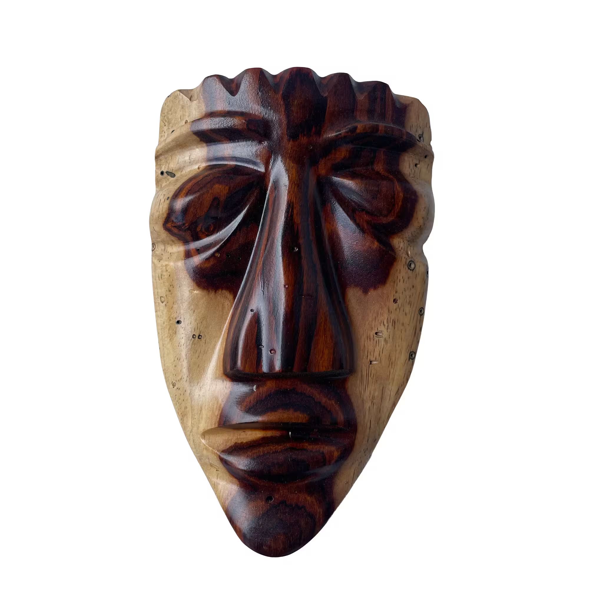 Máscara tribal, tallada a mano en madera recuperada, souvenir artesanal de Costa Rica (detalle 1)