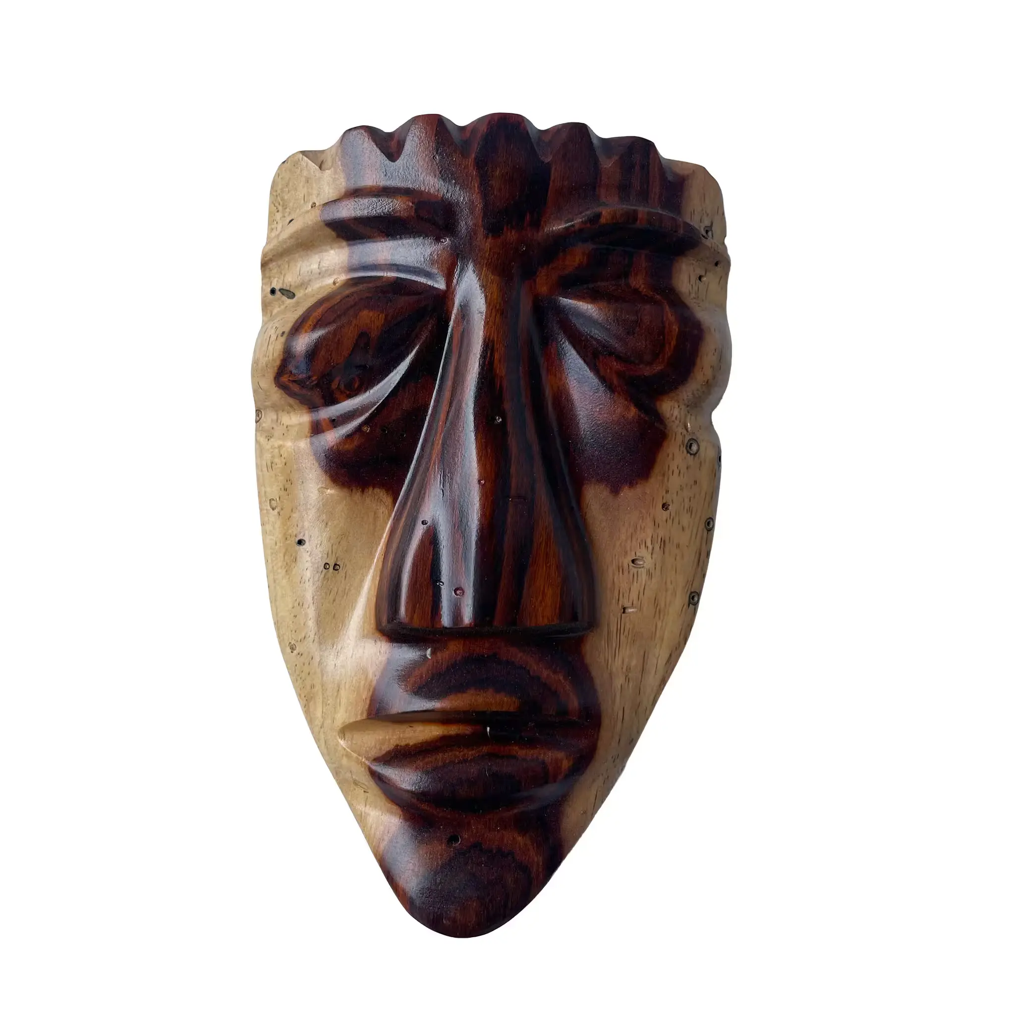 Máscara tribal, tallada a mano en madera recuperada, souvenir artesanal de Costa Rica (detalle 1)