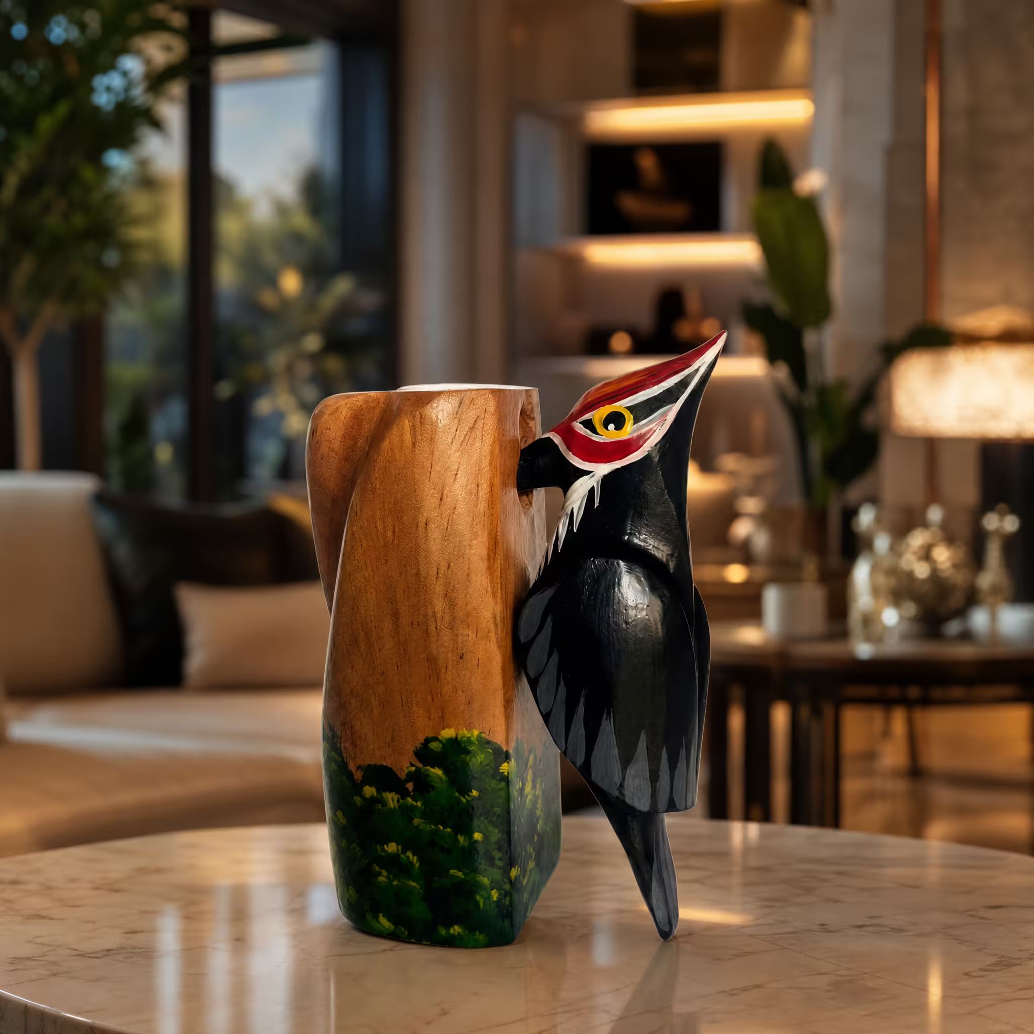 Woodpecker, hand-painted reclaimed wood, handmade Costa Rica souvenir (styled in a room)