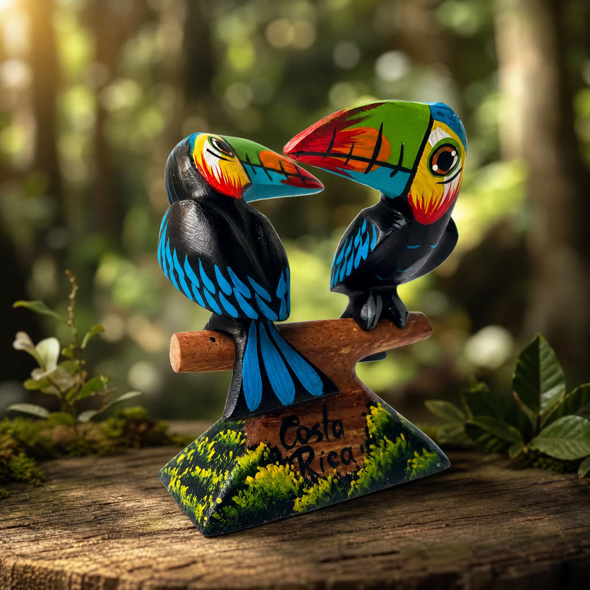 Pair of toucans, hand-painted reclaimed wood, handmade Costa Rica souvenir (styled in a room)