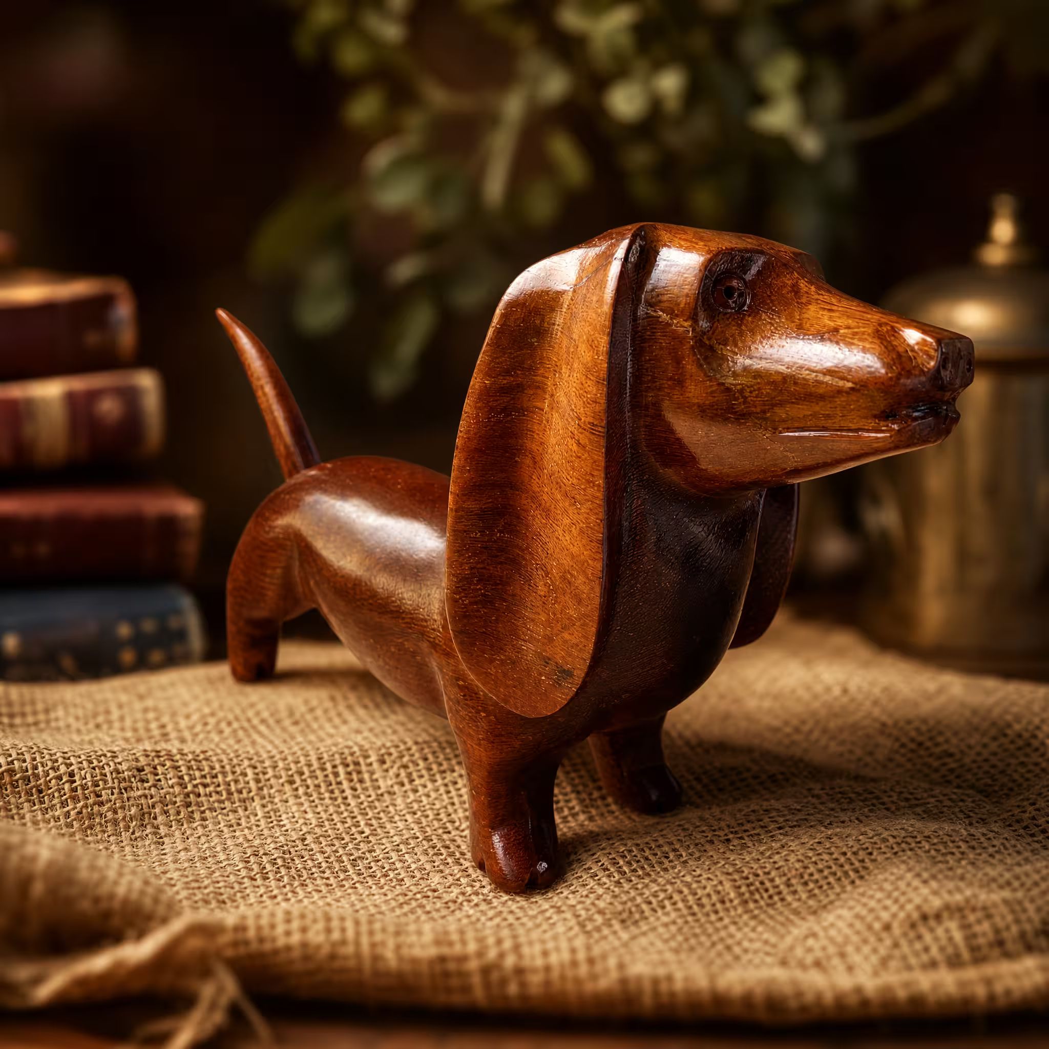 Dachshund, hand-carved reclaimed wood, handmade Costa Rica souvenir (styled in a room)