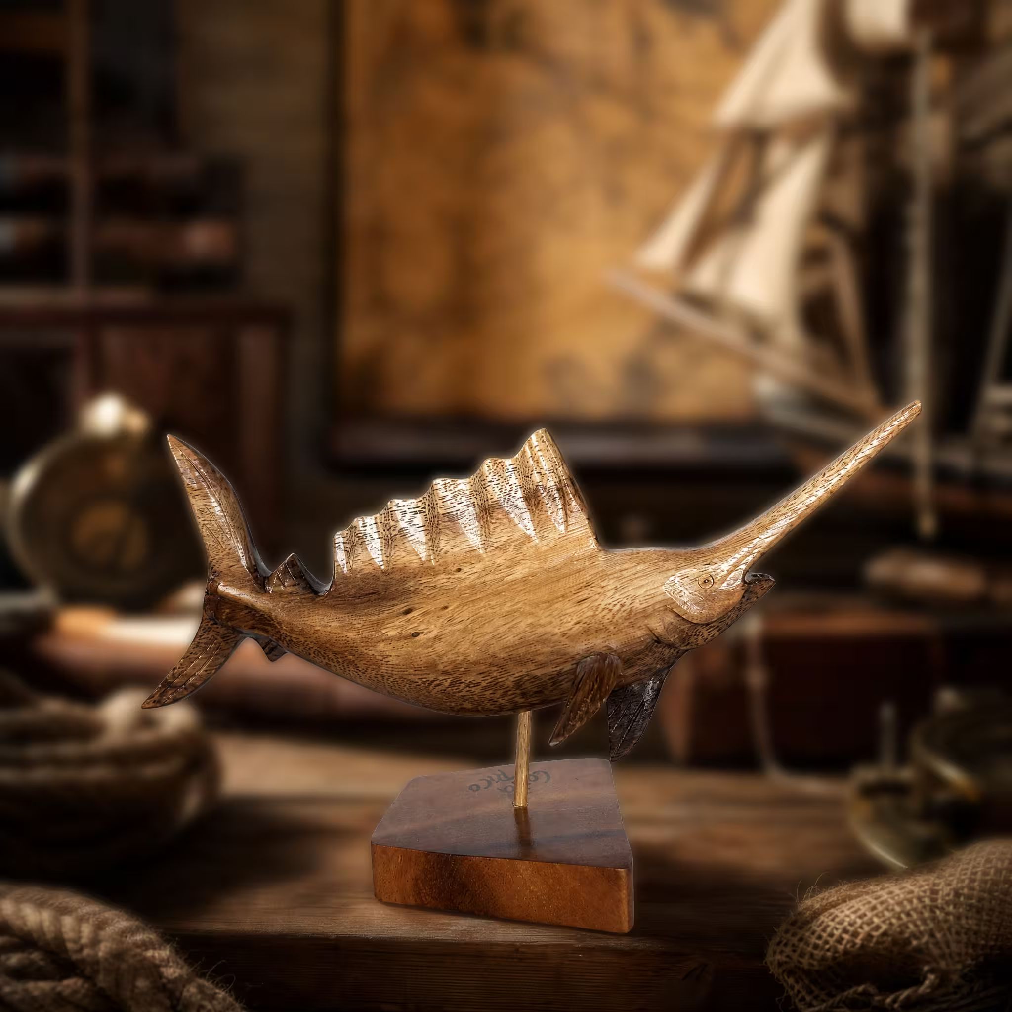 Sailfish, hand-carved reclaimed wood, handmade Costa Rica souvenir (styled in a room)