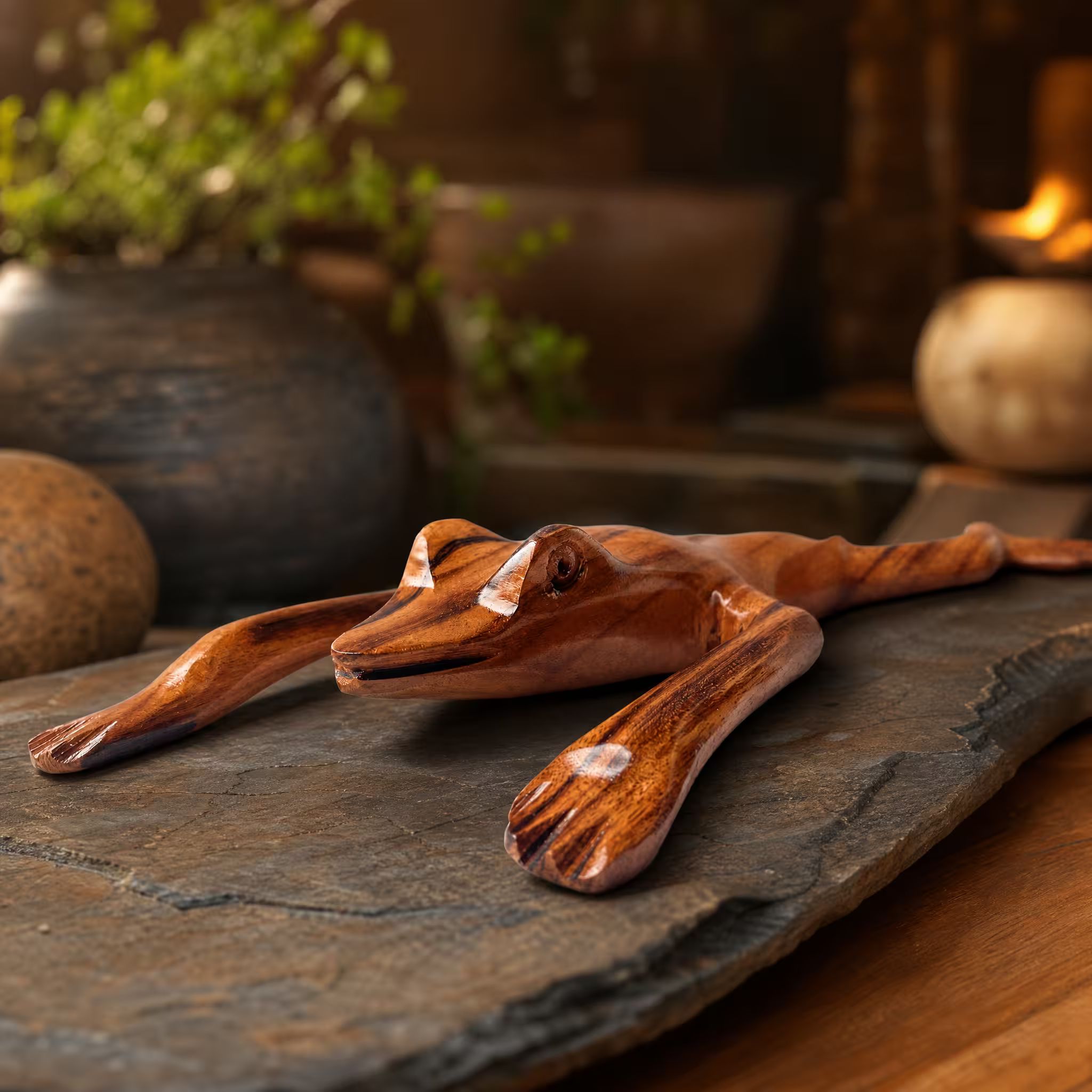 Tree frog, hand-carved reclaimed wood, handmade Costa Rica souvenir (styled in a room)