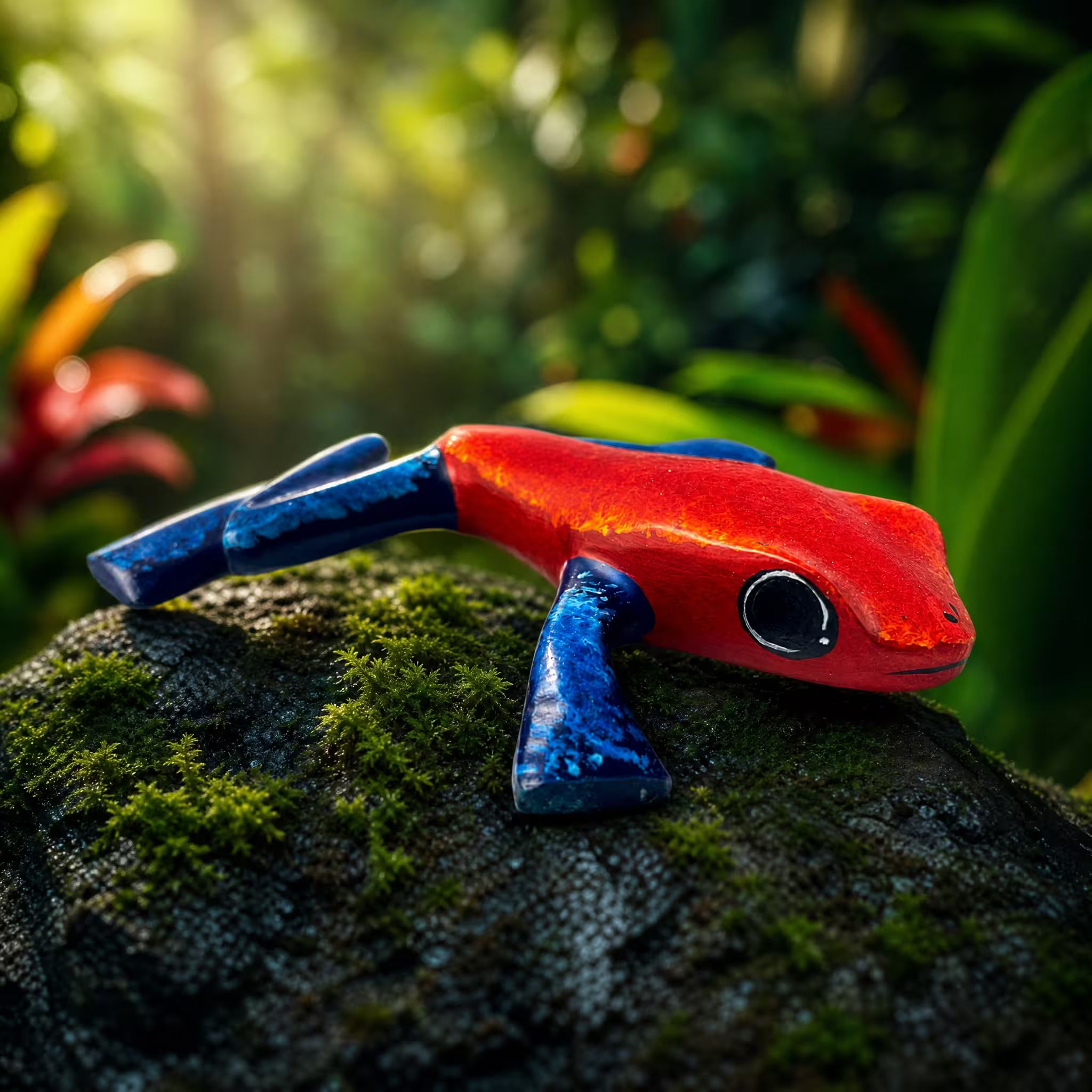 Rana flecha roja, pintada a mano en madera recuperada, souvenir artesanal de Costa Rica (pieza en ambiente)