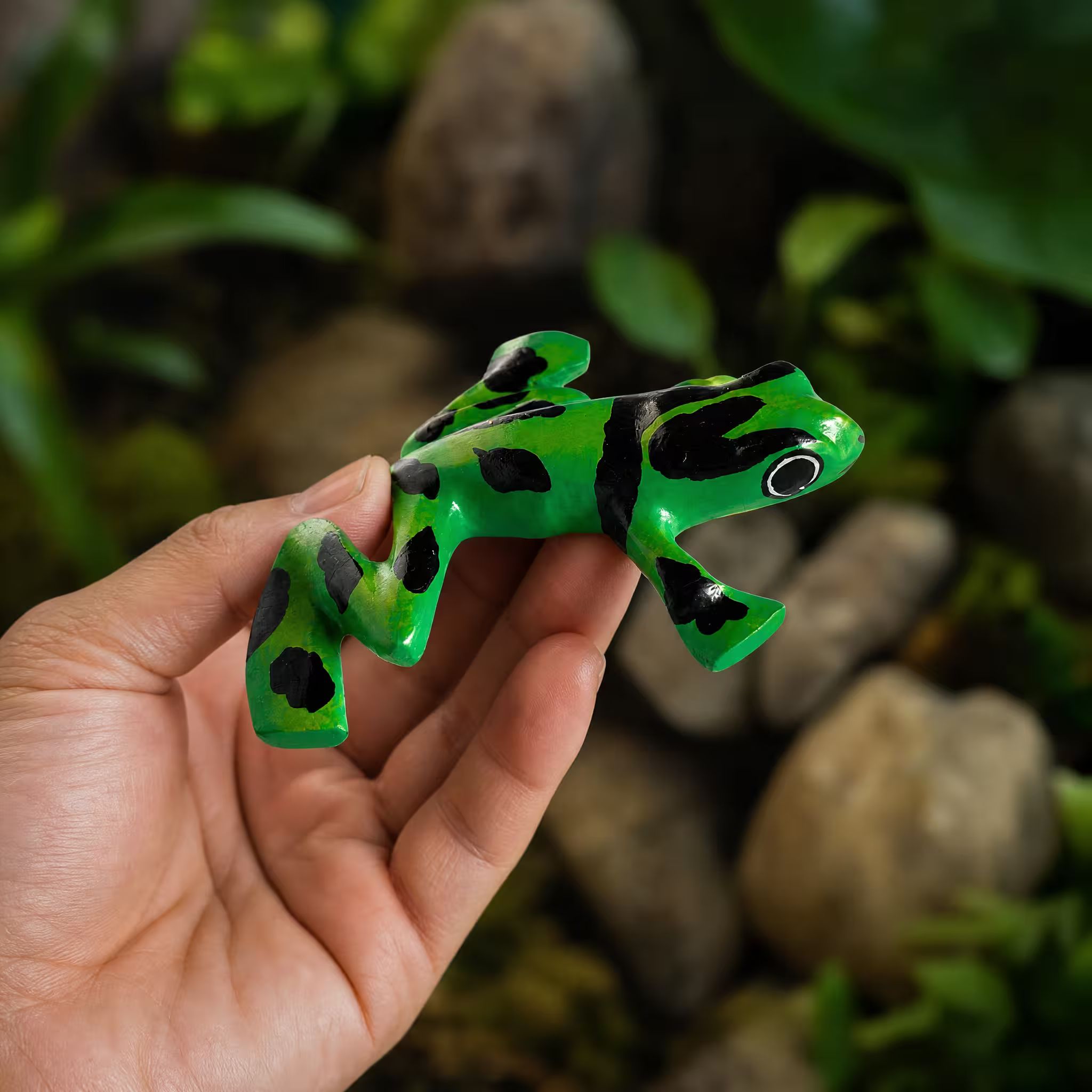 Green poison dart frog, hand-painted reclaimed wood, handmade Costa Rica souvenir (styled in a room)