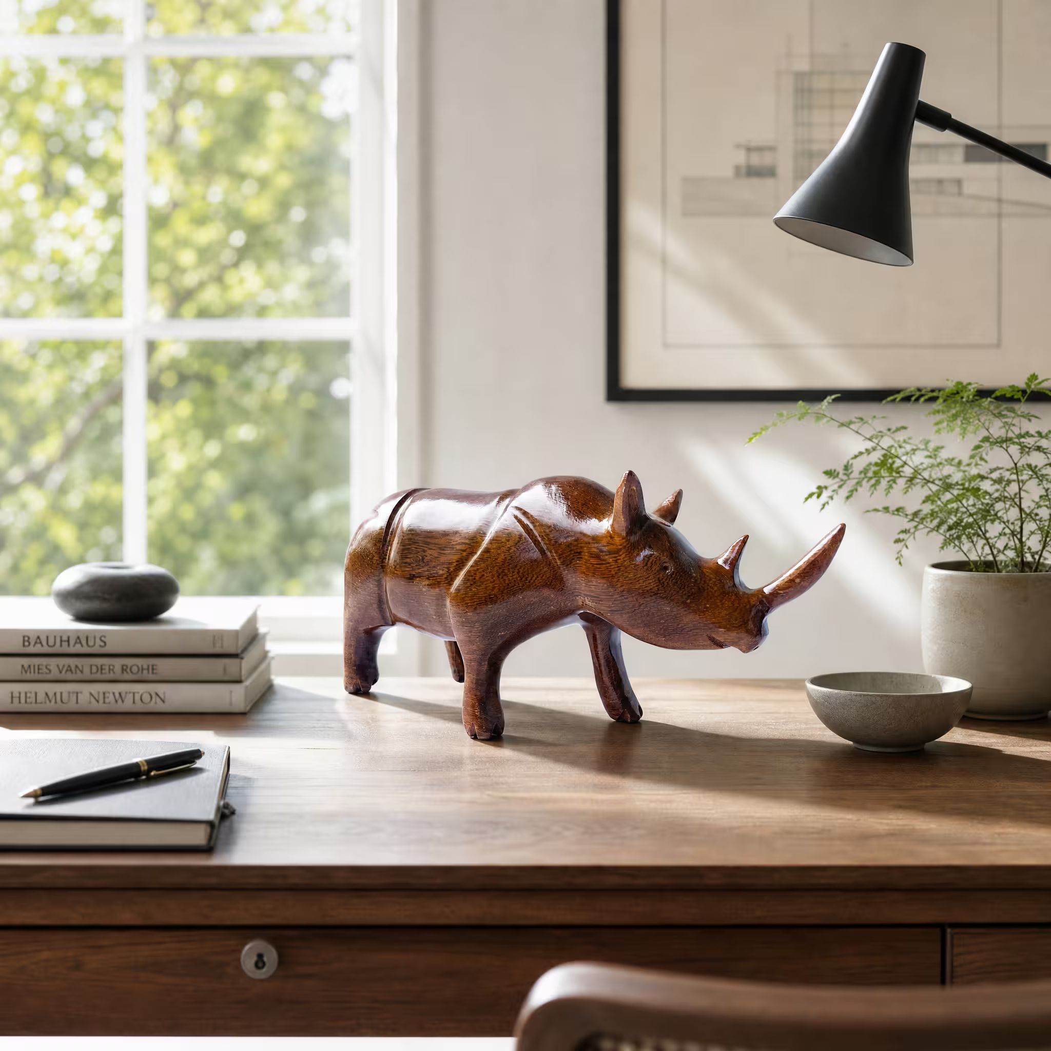 Rhinoceros, hand-carved reclaimed wood, handmade Costa Rica souvenir (styled in a room)