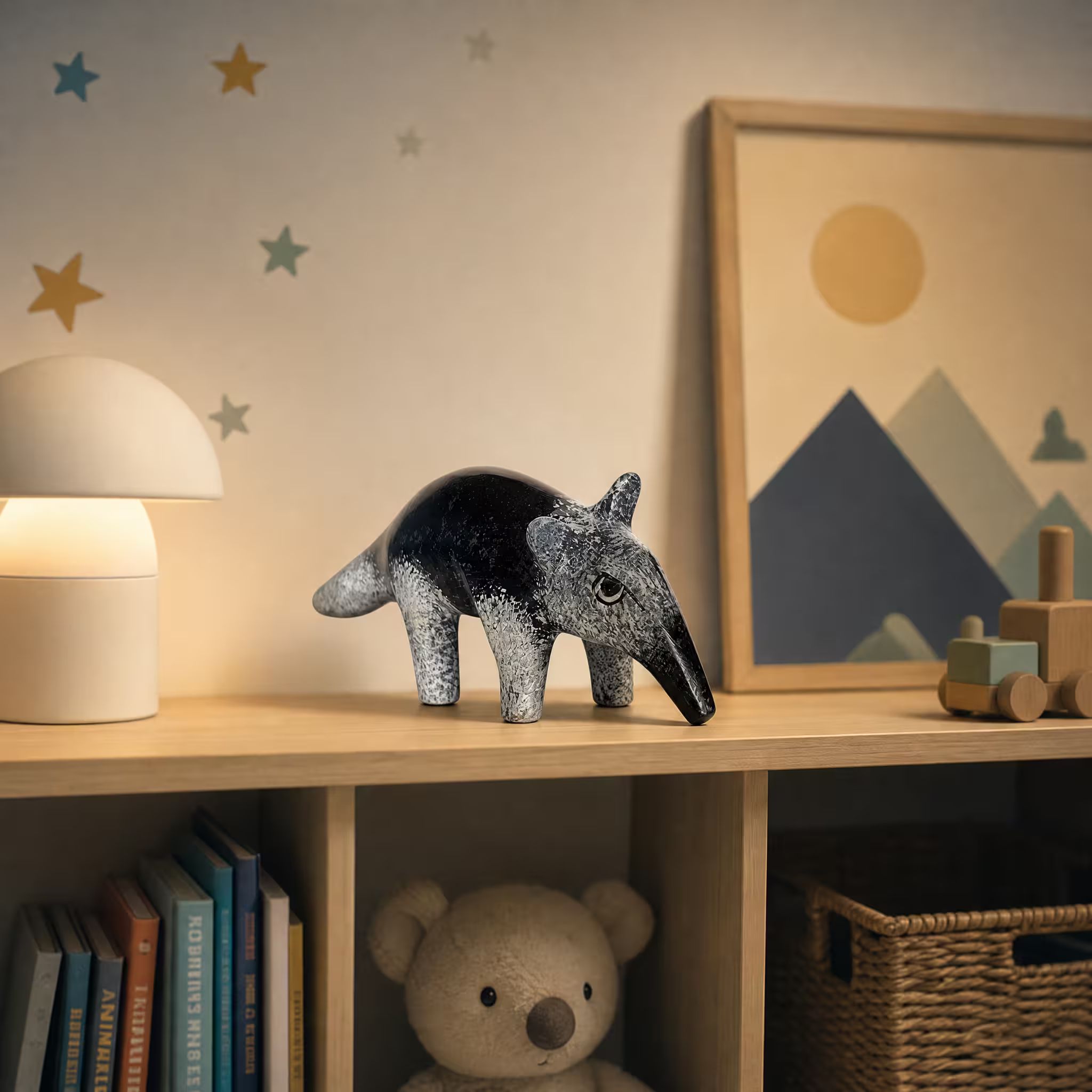 Northern tamandua, hand-painted reclaimed wood, handmade Costa Rica souvenir (styled in a room)