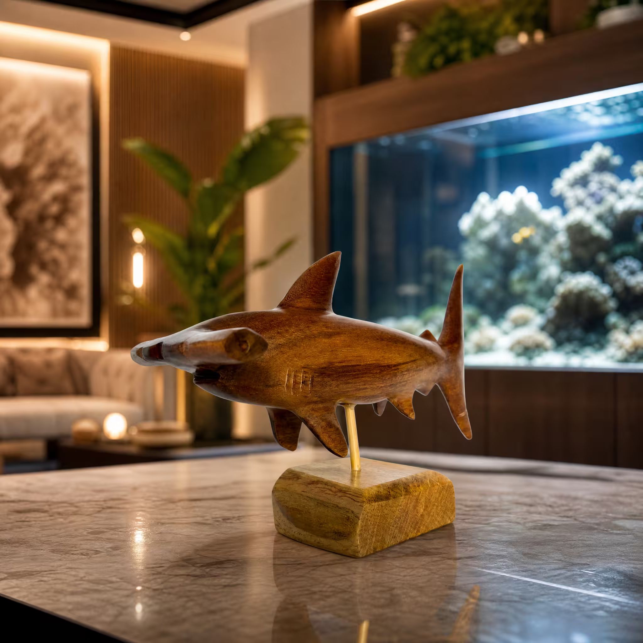 Hammerhead shark, hand-carved reclaimed wood, handmade Costa Rica souvenir (styled in a room)