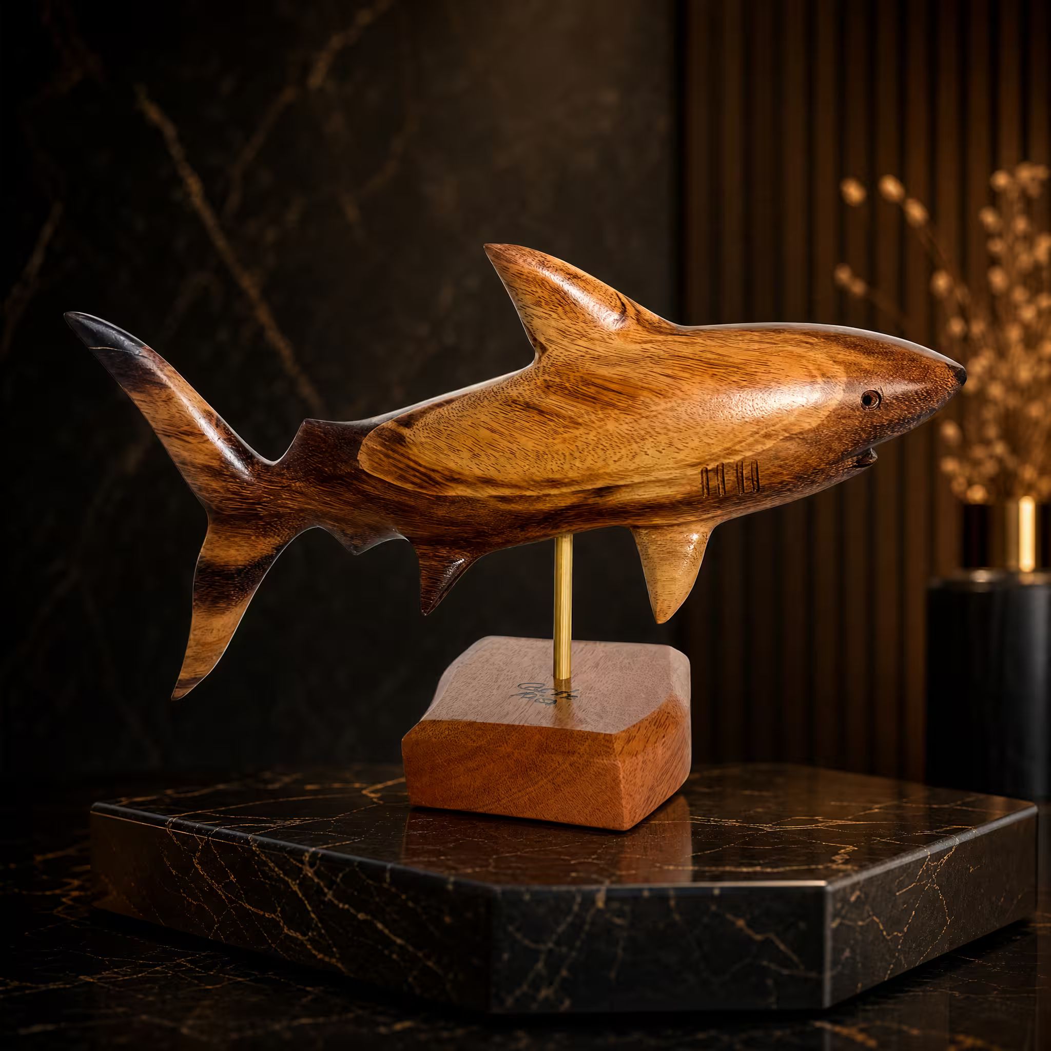 Bull shark, hand-carved reclaimed wood, handmade Costa Rica souvenir (styled in a room)