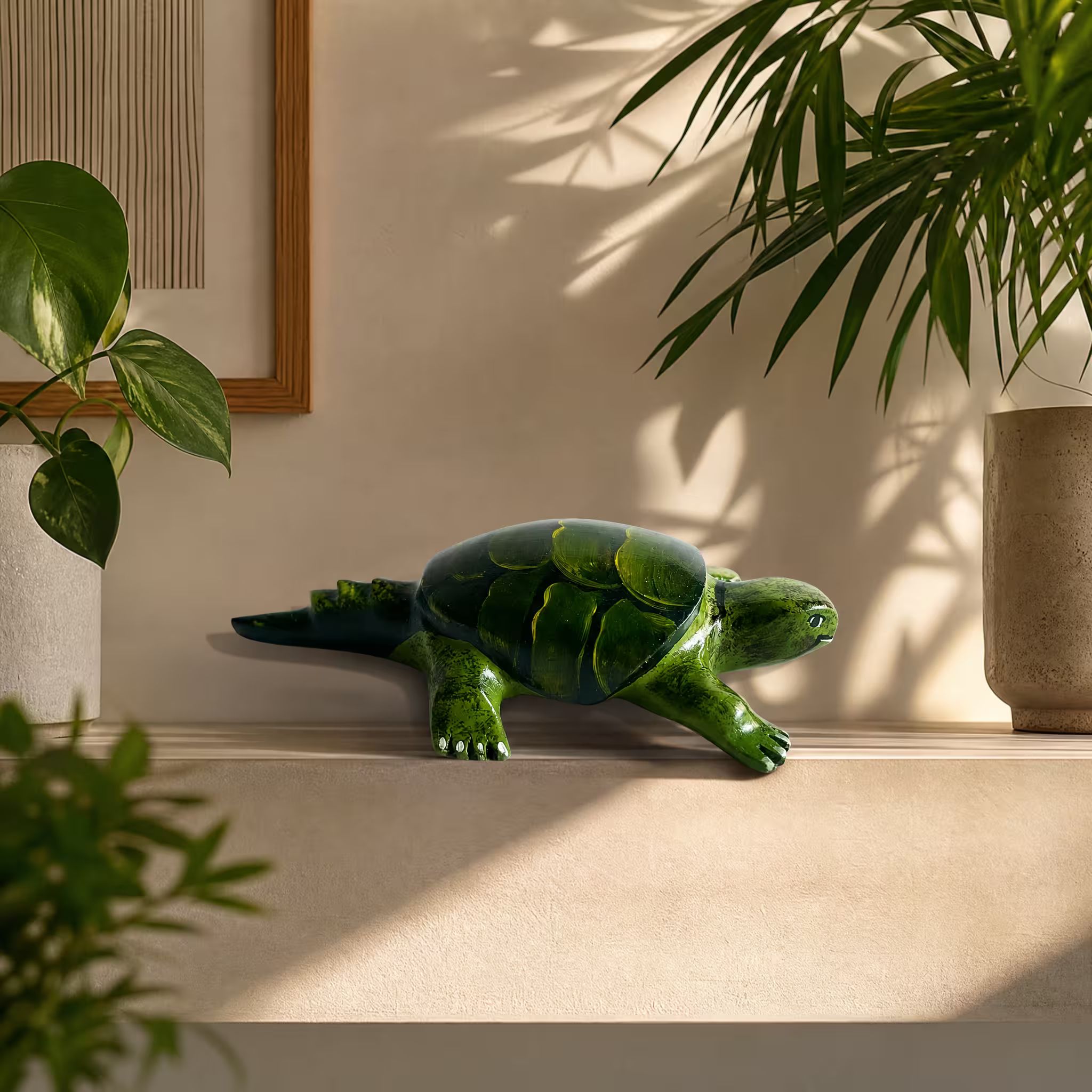Snapping turtle, hand-painted reclaimed wood, handmade Costa Rica souvenir (styled in a room)