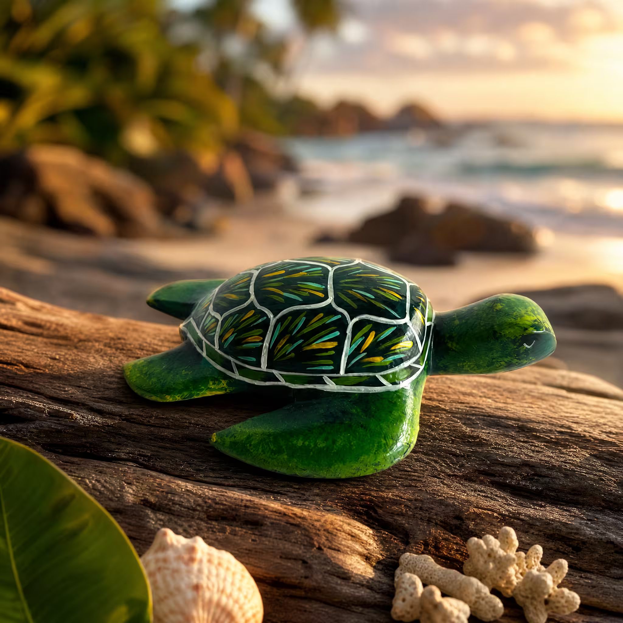 Green sea turtle, hand-painted reclaimed wood, handmade Costa Rica souvenir (styled in a room)