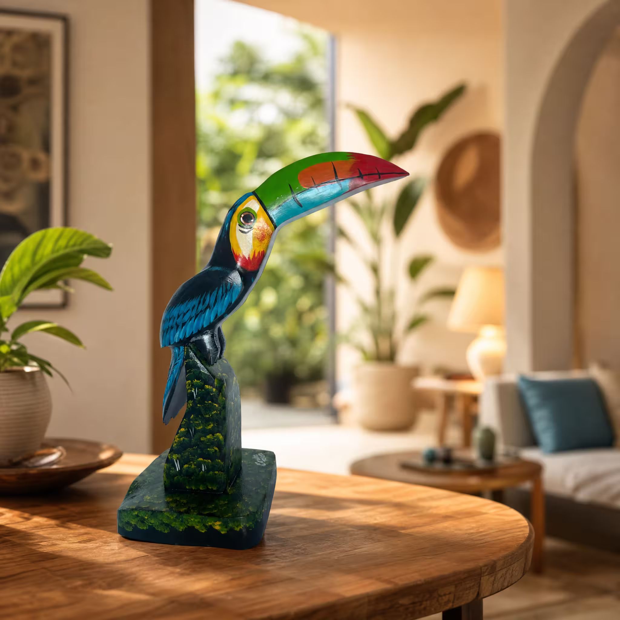 Toucan on a pedestal, hand-painted reclaimed wood, handmade Costa Rica souvenir (styled in a room)