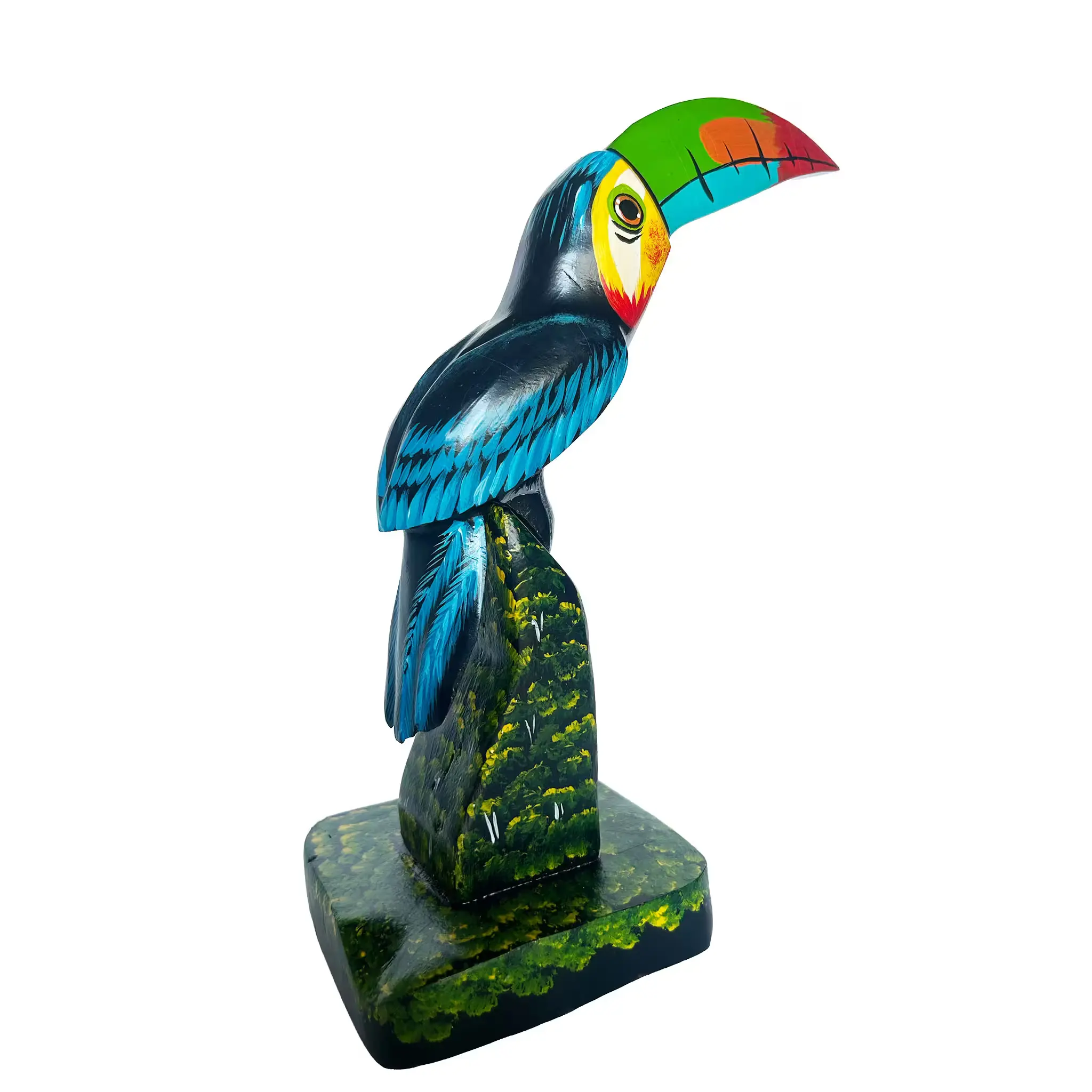 Tucán en pedestal, pintada a mano en madera recuperada, souvenir artesanal de Costa Rica (detalle 1)