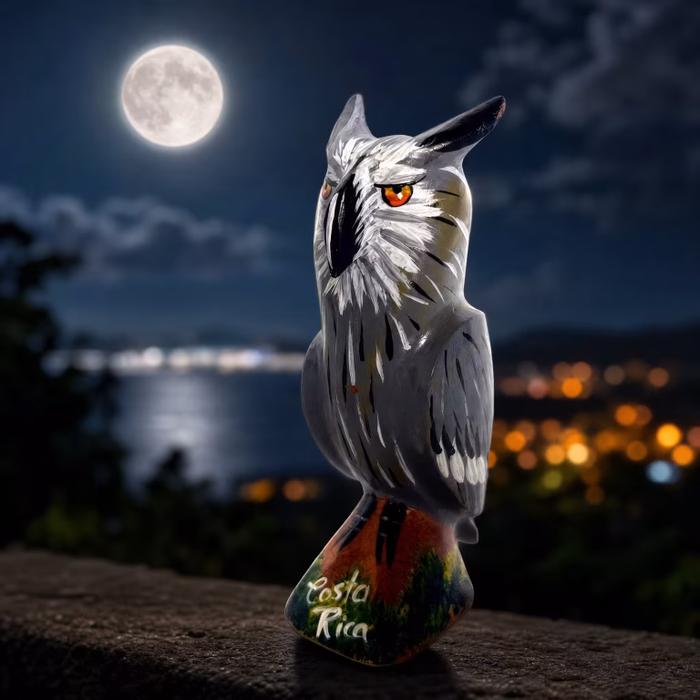 Lechuzón negruzco artesanal, figura decorativa premium tallada y pintada a mano inspirada en la fauna de Costa Rica, souvenir.