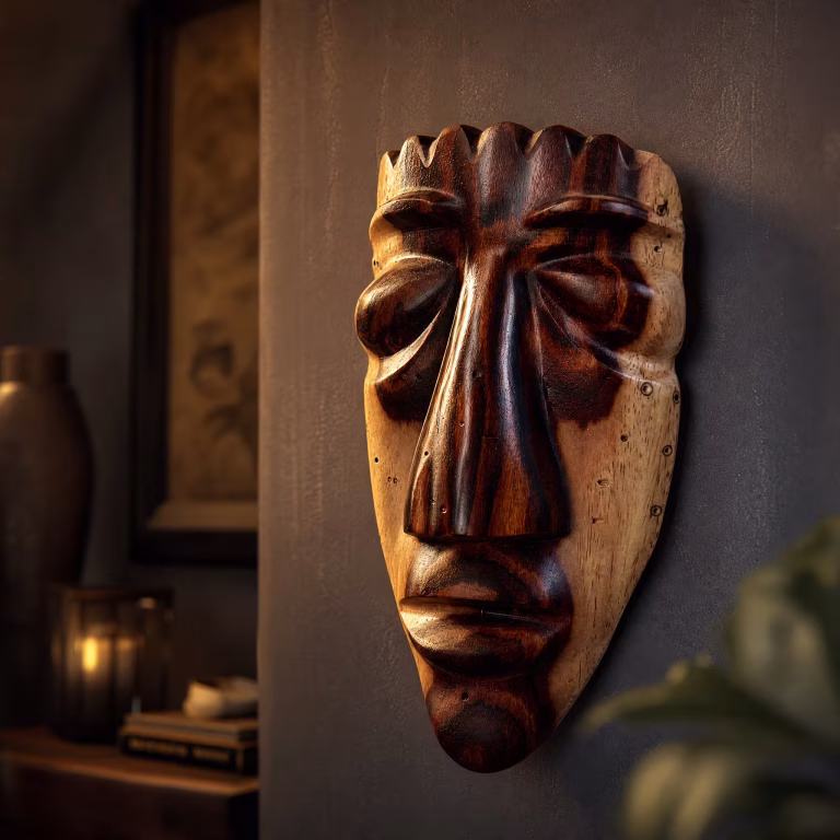 Máscara tribal artesanal de madera, tallada y acabada a mano con detalles étnicos, pieza decorativa premium hecha en Costa Rica, Souvenir.