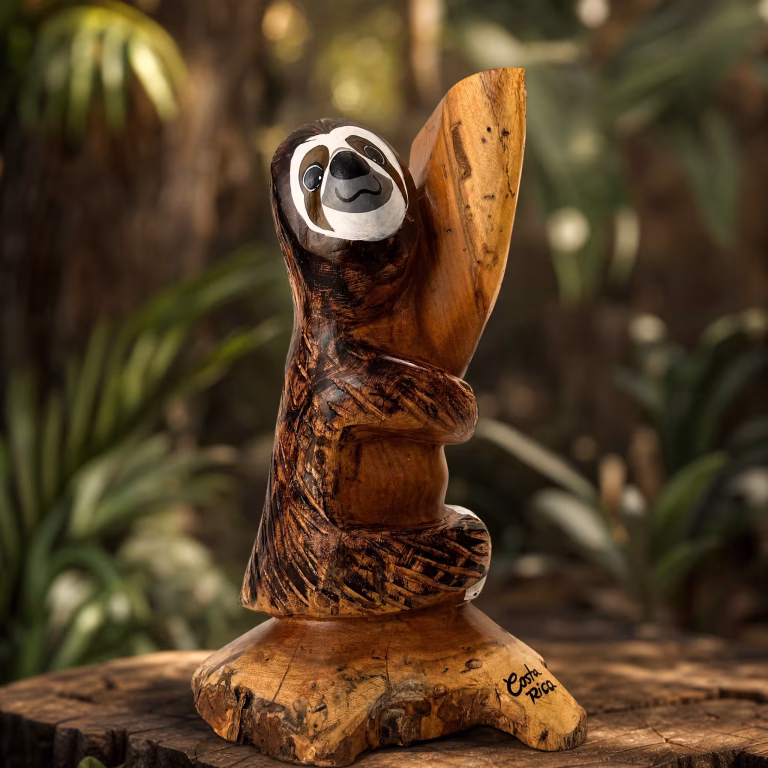 Perezoso artesanal sobre tronco de madera, pieza decorativa premium tallada y pintada a mano hecha en Costa Rica, souvenir.