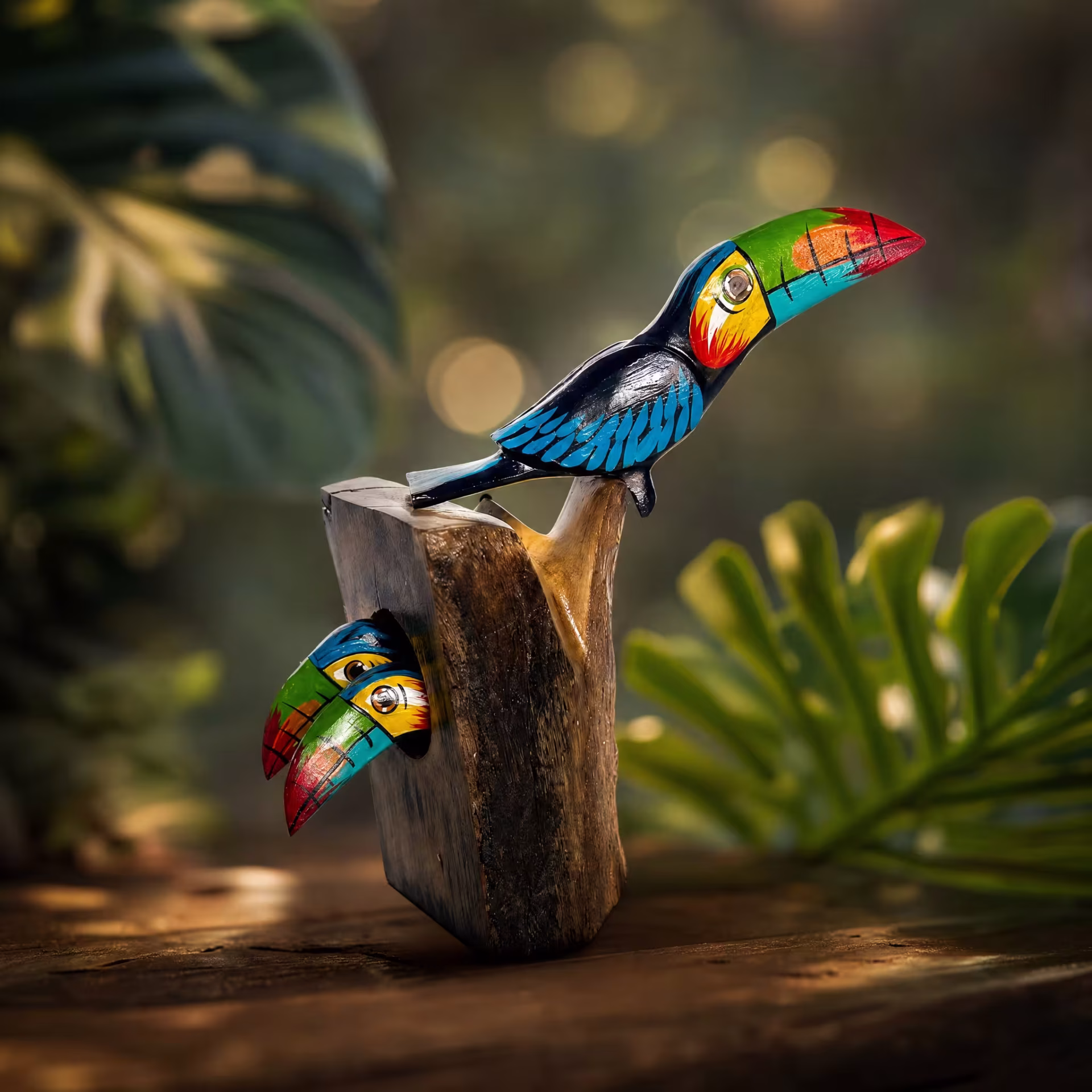 Arte decorativo premium de tucanes en nido tropical, pieza artesanal pintada a mano hecha en Costa Rica, Souvenir